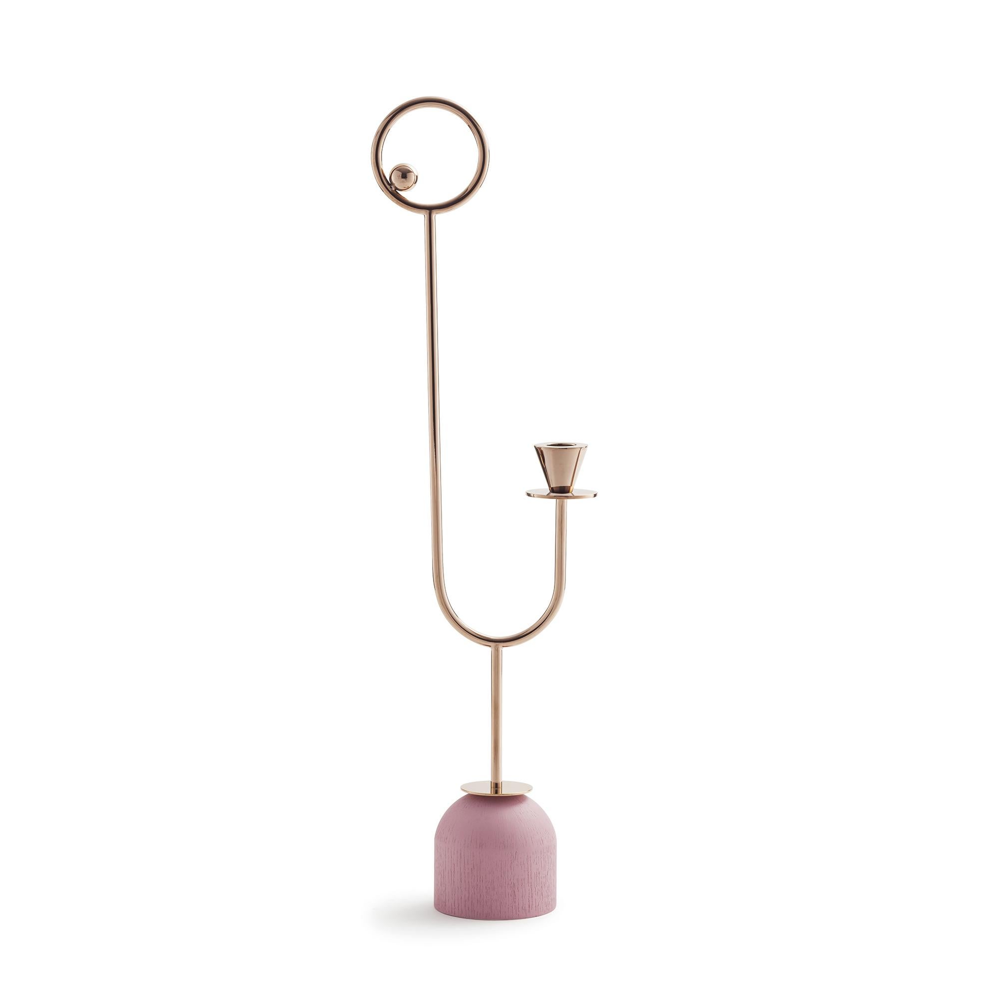 Paris Memphis N°3 candleholder by Thomas Dariel
Dimensions: D 8.5 x W 14.1 x H 50 cm 
Materials: Plated metal coated with glossy pink copper finish base in ash veneer painted in matte dusty pink, yellow or blue. 
Also available in colors: Blue,