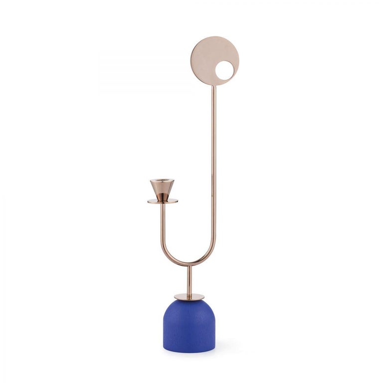 Paris Memphis N°4 candleholder by Thomas Dariel
Dimensions: D 8.5 x W 14.2 x H 50 cm 
Materials: Plated metal coated with glossy Pink Copper finish Base in ash veneer painted in matte Dusty Pink, Yellow or Blue.
Also available in colors: Blue,