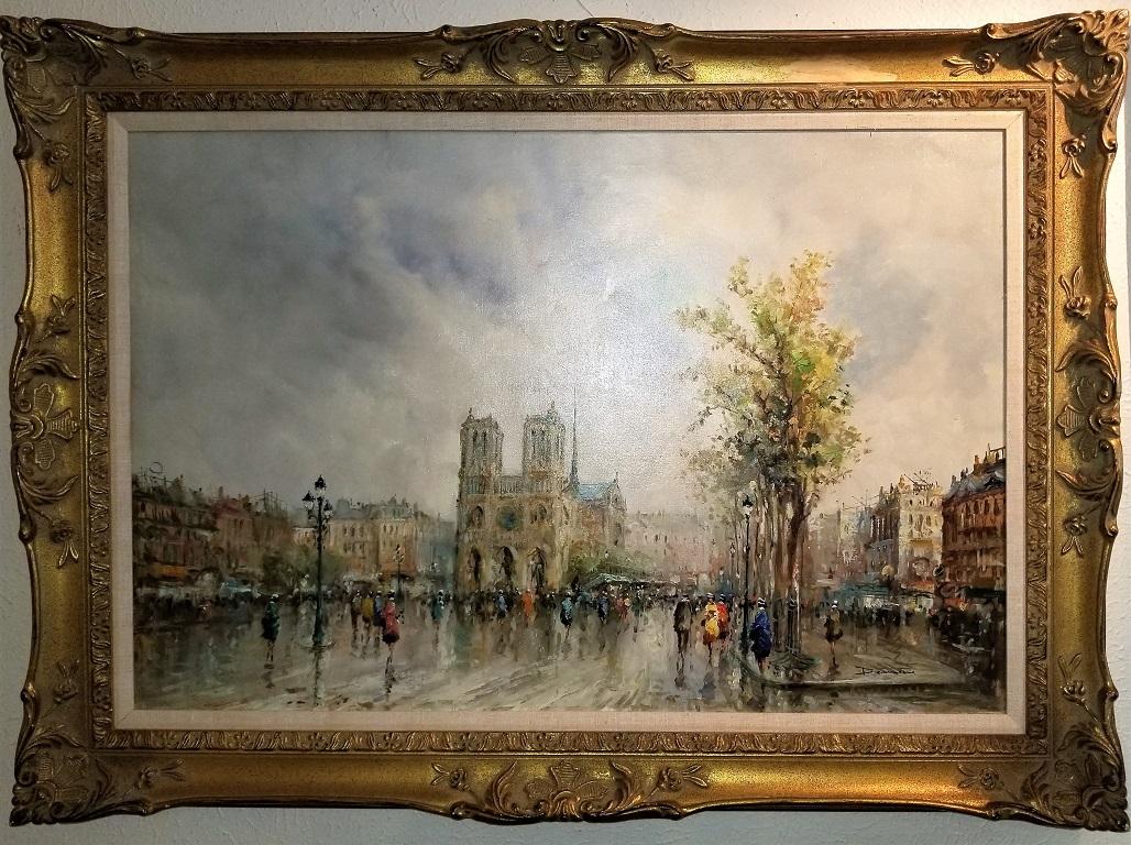 French Paris Notre Dame Oil on Canvas by Demone