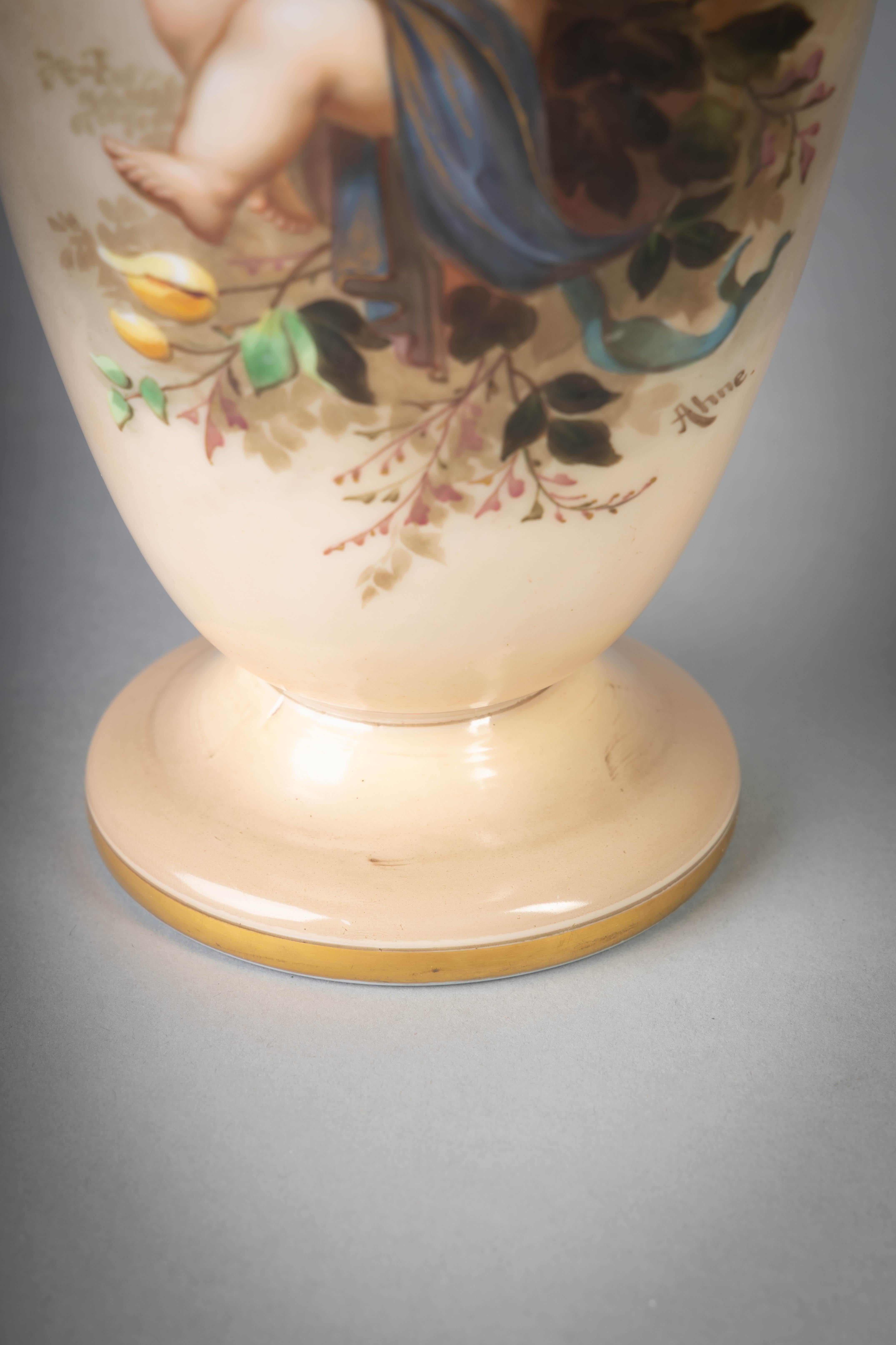 French Opaline Glass Painted Vase, Late 19th Century For Sale 1