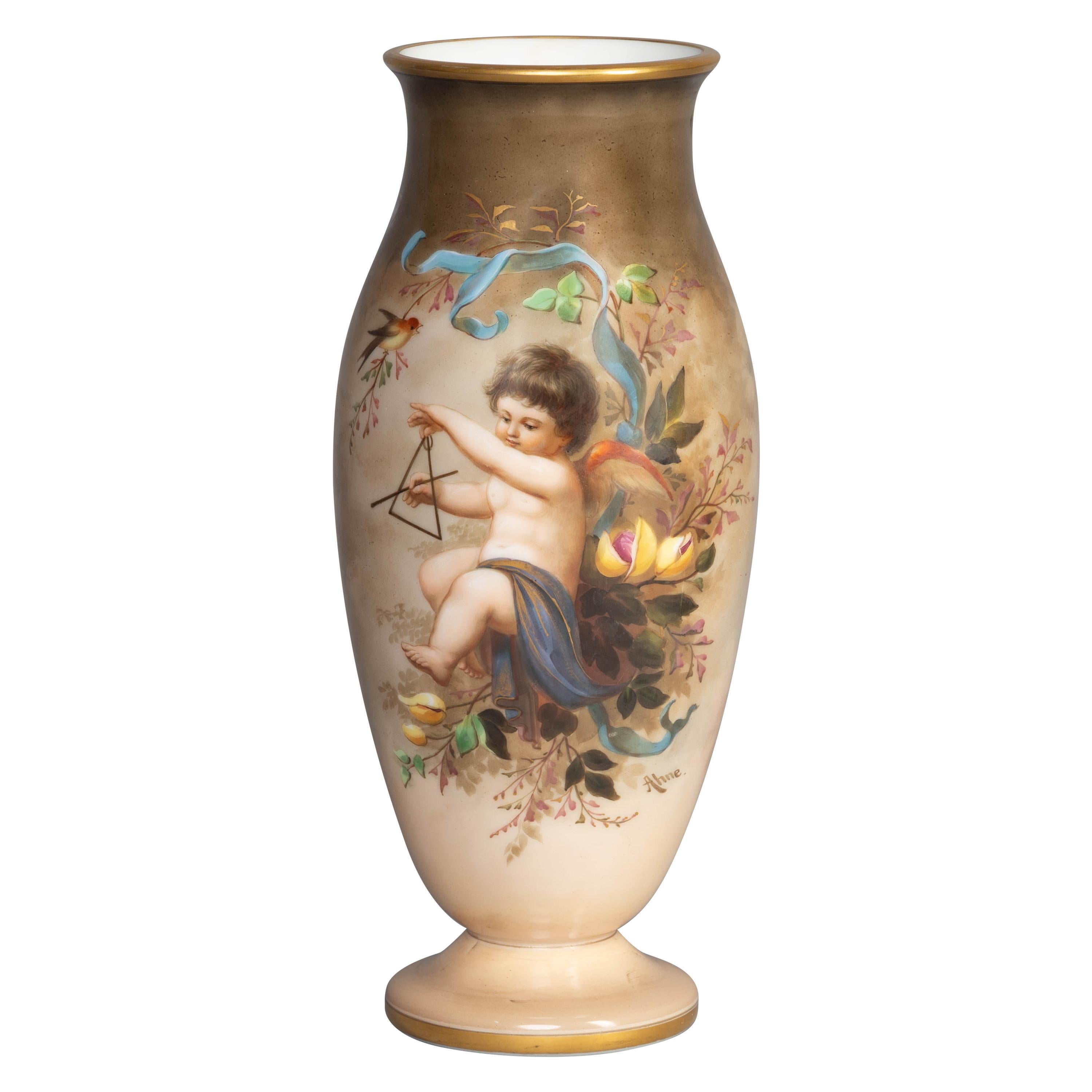 French Opaline Glass Painted Vase, Late 19th Century