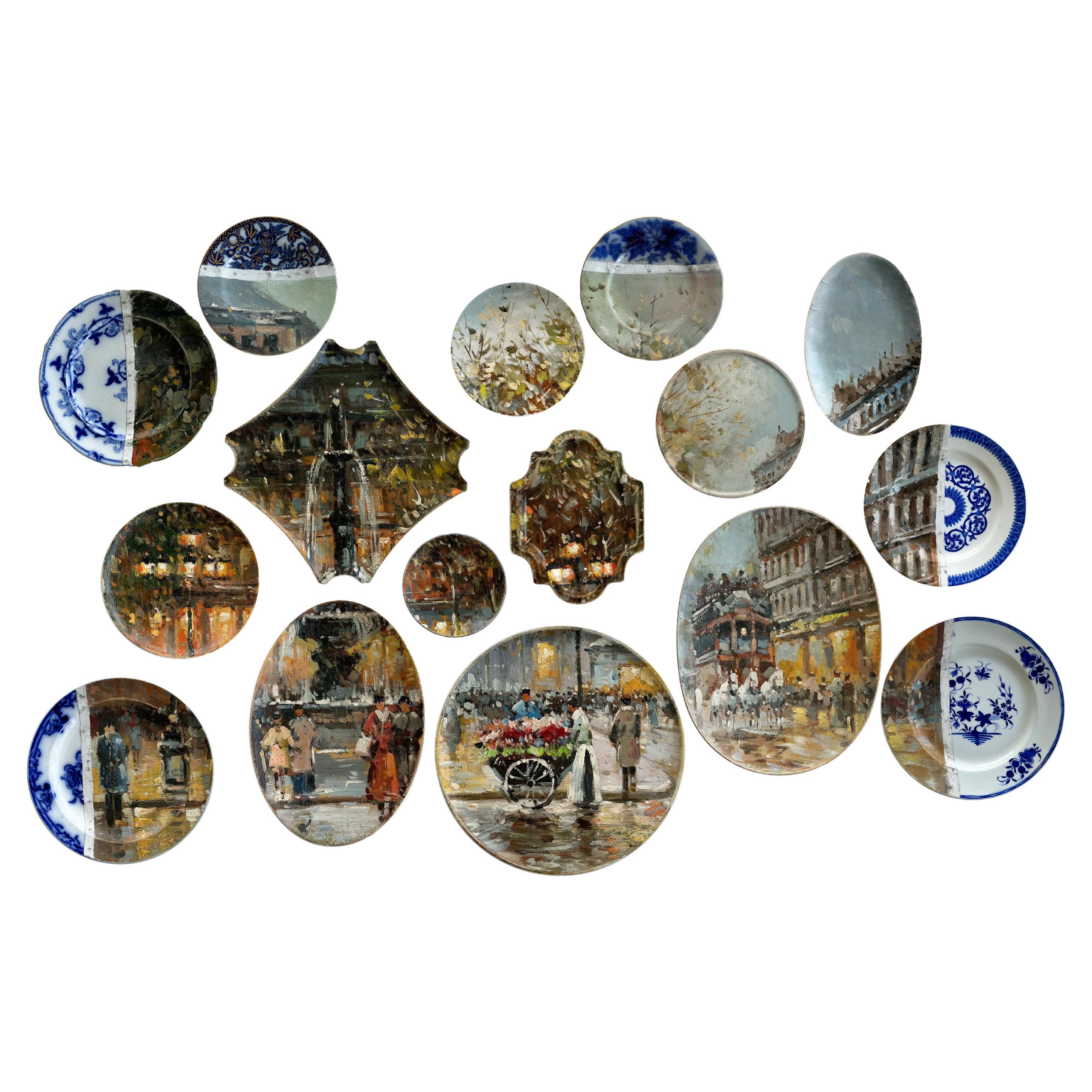 "Paris-Place Malraux"- Wall Art Composition of Decorative Plates and Painting For Sale