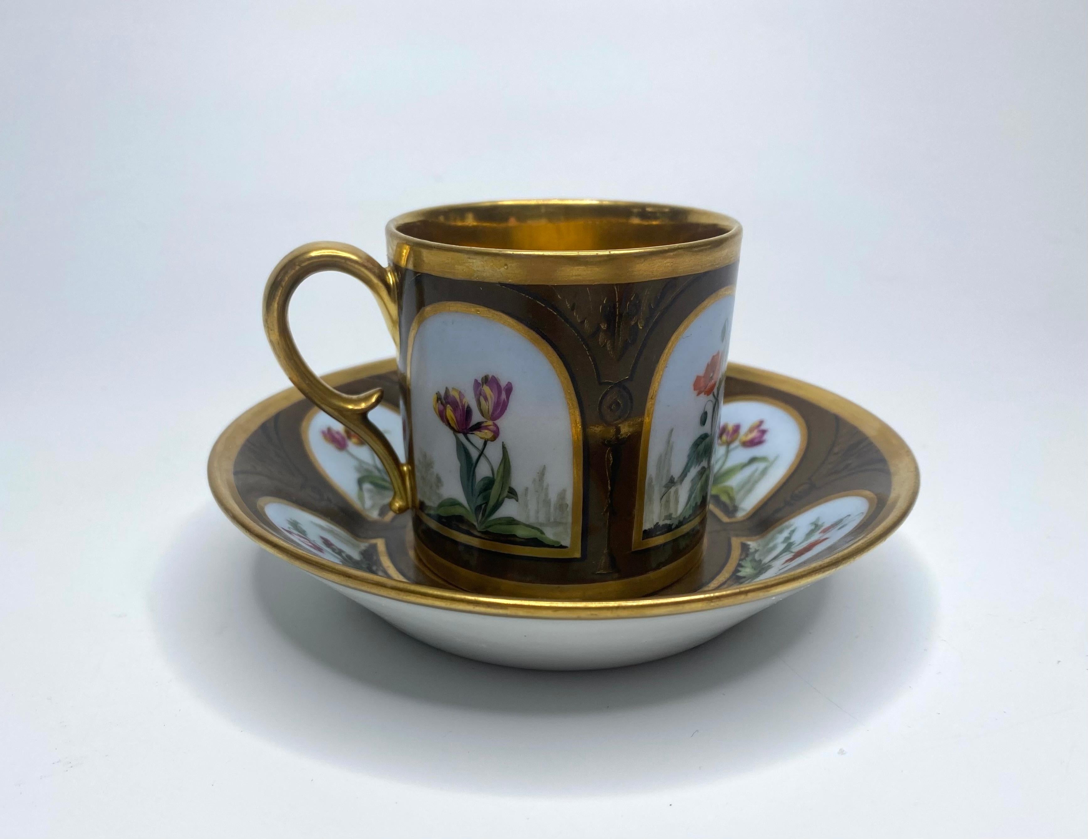 Fired Paris porcelain coffee can & saucer, c. 1810. For Sale
