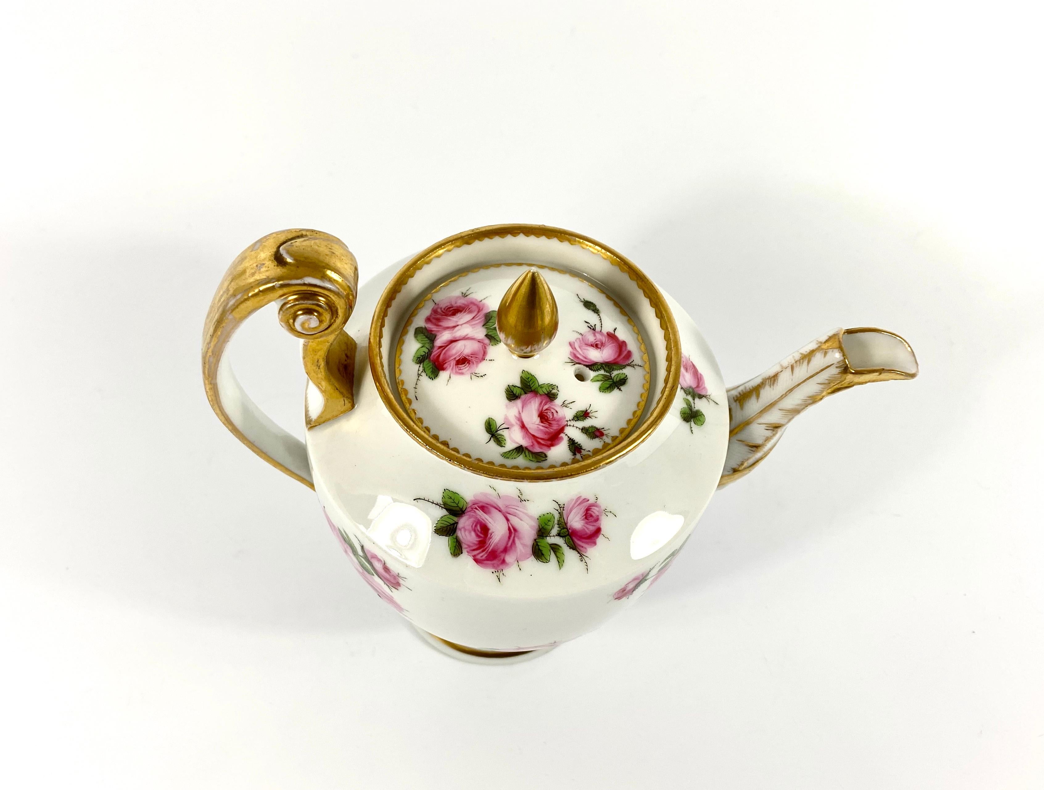 French Paris Porcelain Coffee Pot, Roses, circa 1820