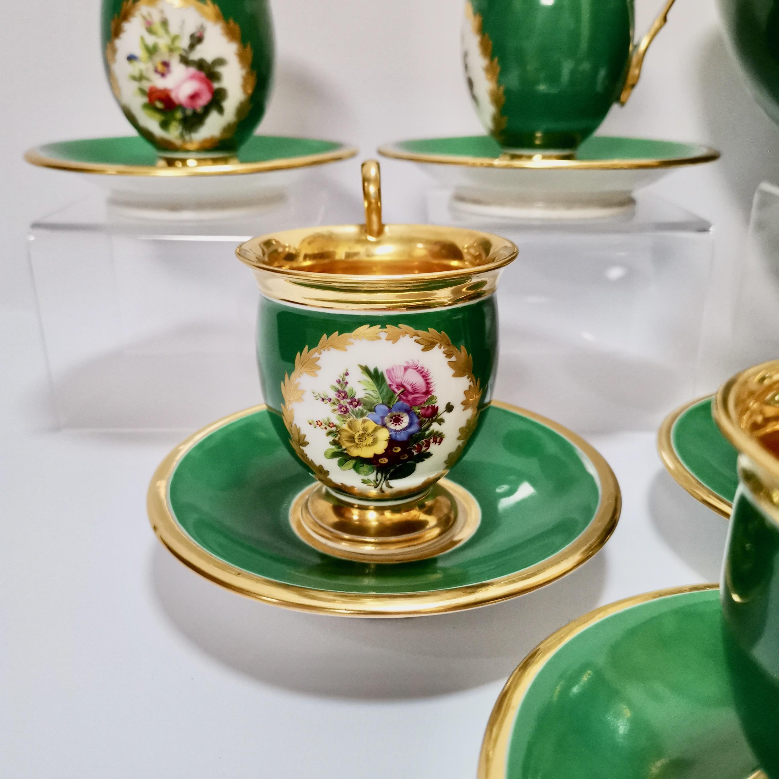 Paris Porcelain Coffee Service, Emerald Green and Floral, Empire Style ca 1820 5