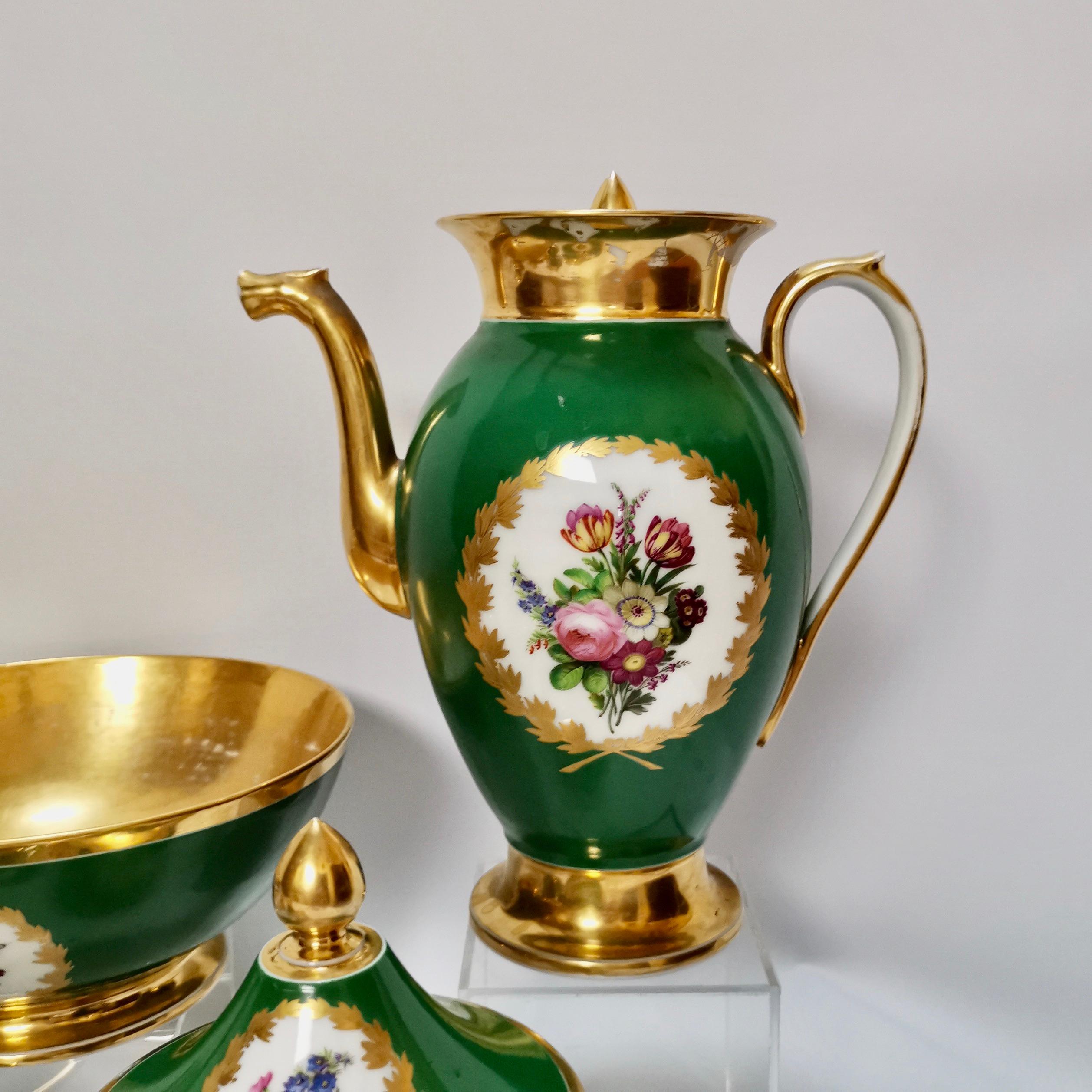 French Paris Porcelain Coffee Service, Emerald Green and Floral, Empire Style ca 1820
