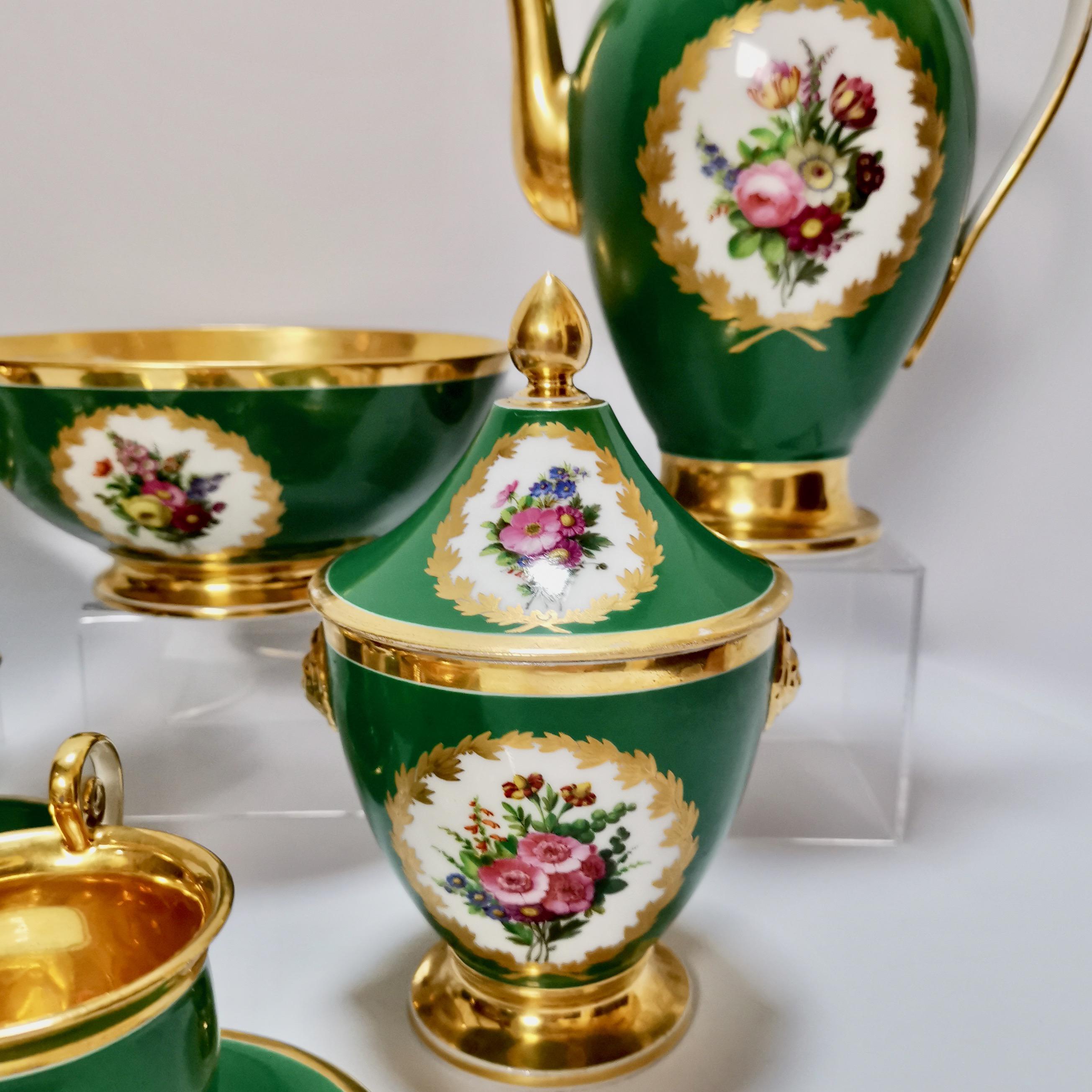 Hand-Painted Paris Porcelain Coffee Service, Emerald Green and Floral, Empire Style ca 1820