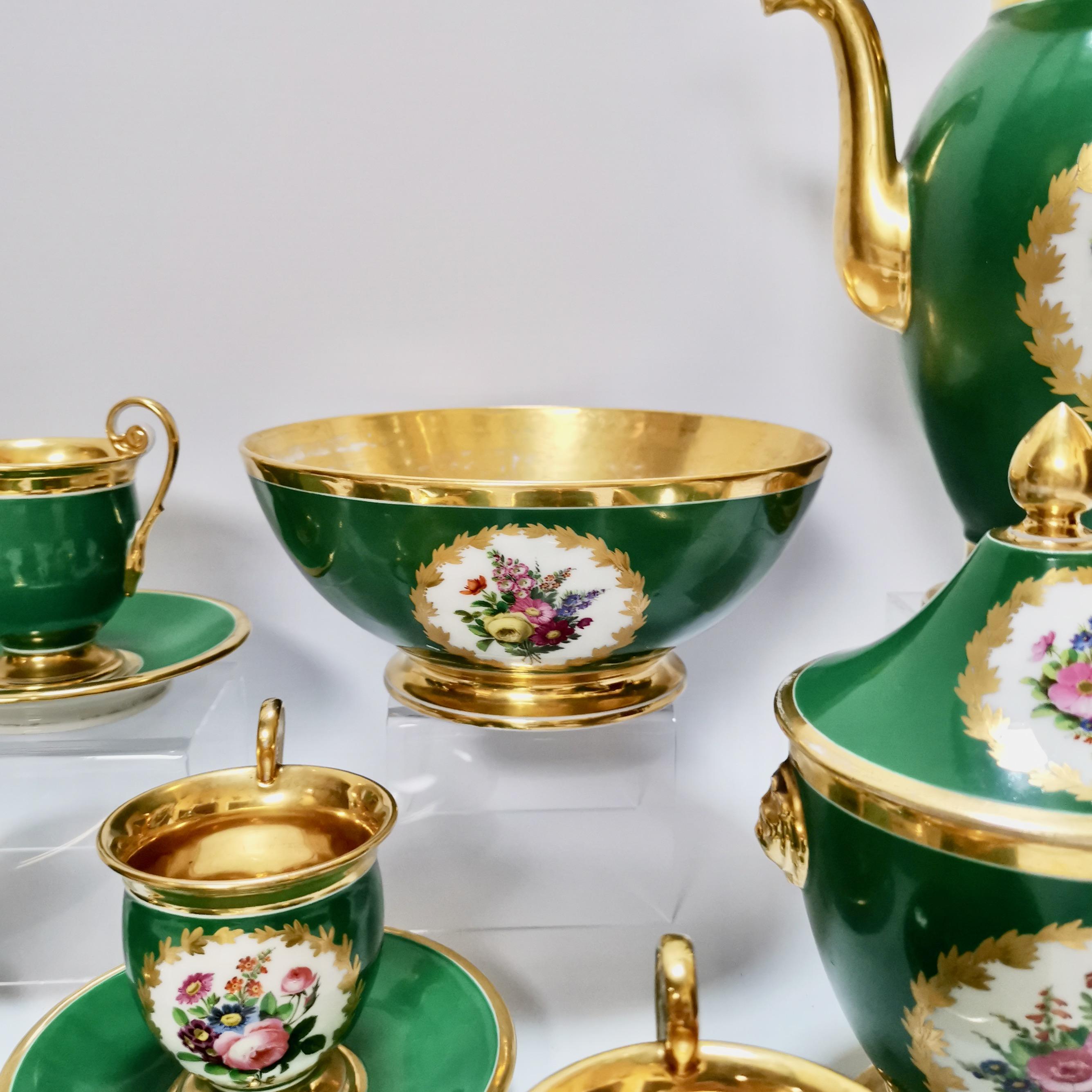Paris Porcelain Coffee Service, Emerald Green and Floral, Empire Style ca 1820 In Good Condition In London, GB
