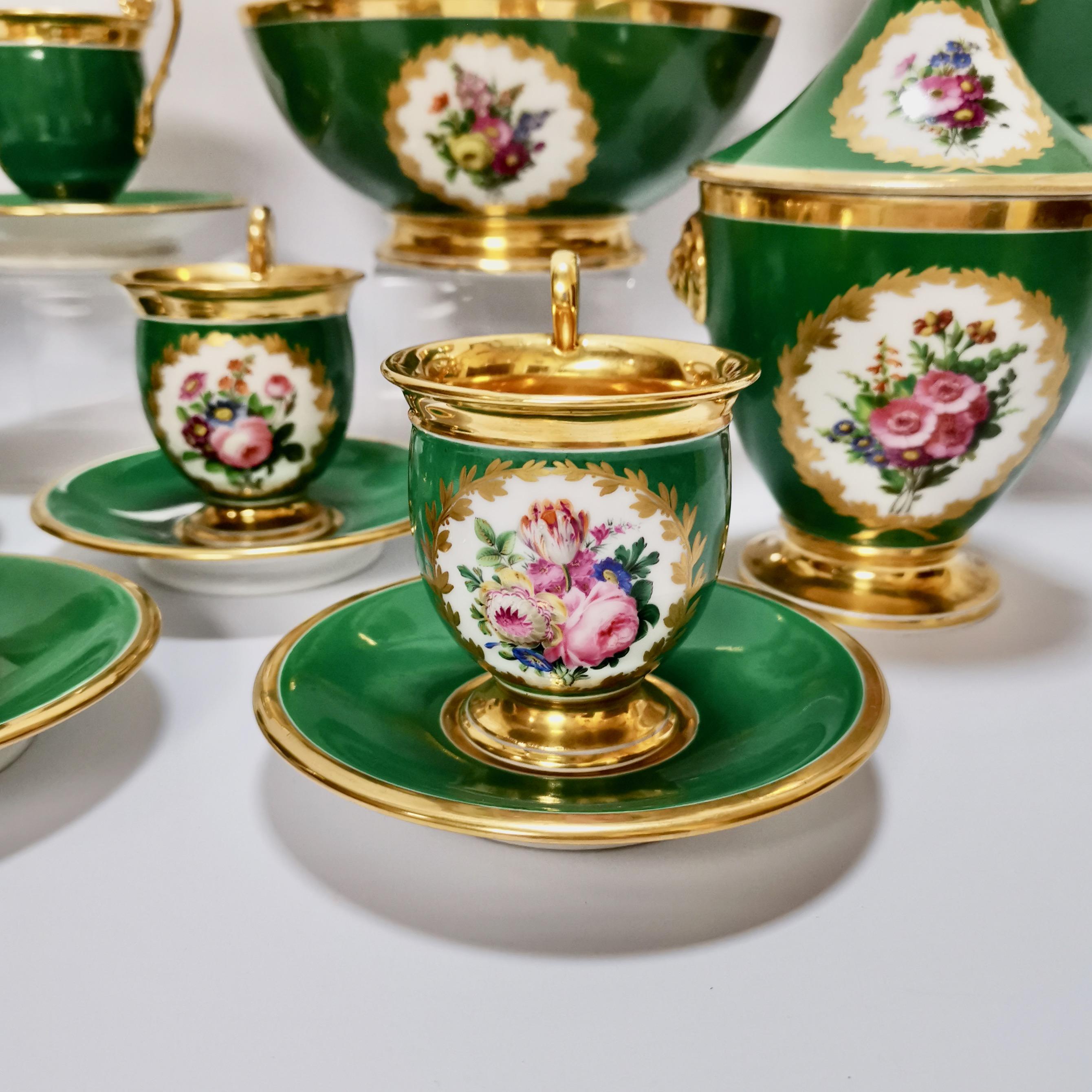 Early 19th Century Paris Porcelain Coffee Service, Emerald Green and Floral, Empire Style ca 1820