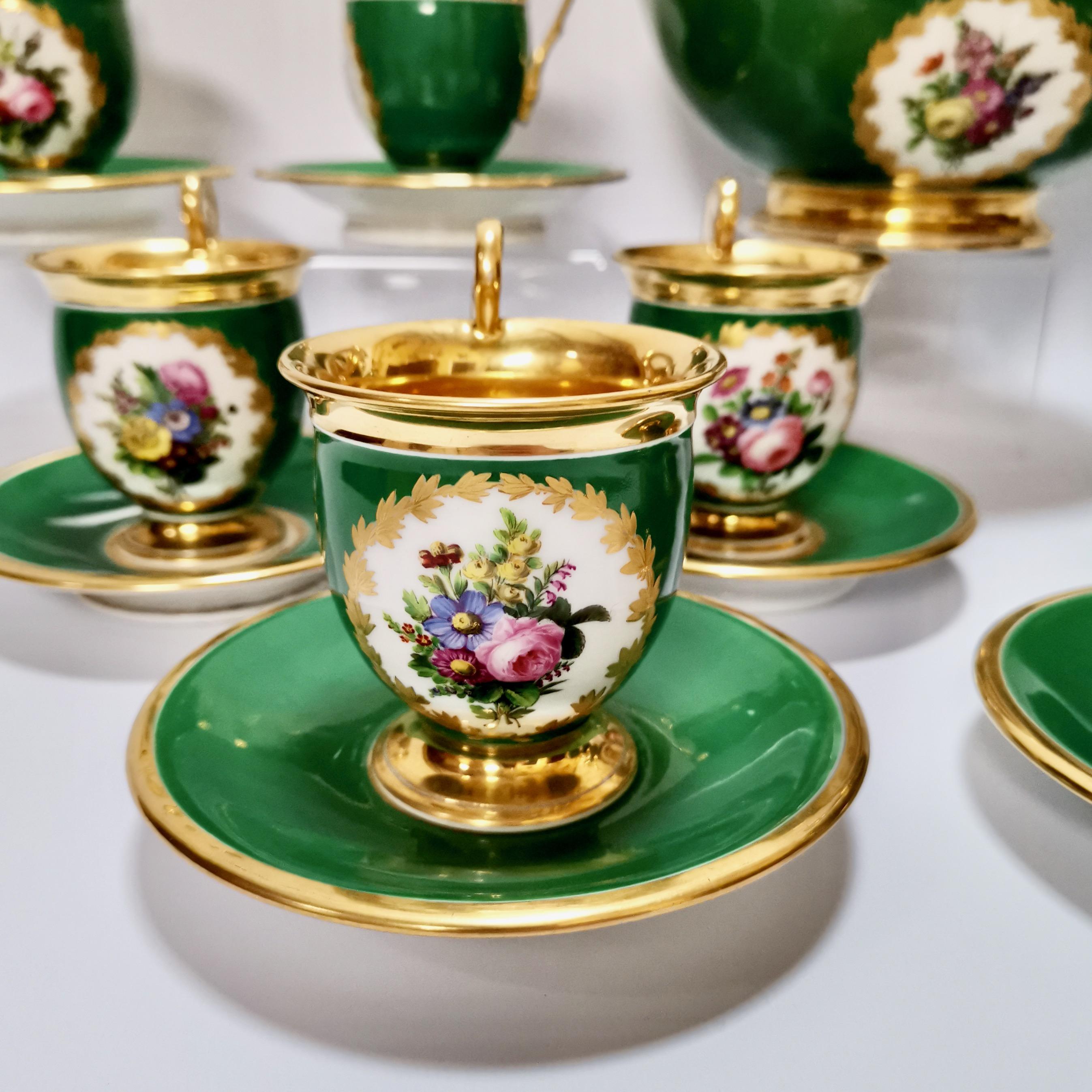 Paris Porcelain Coffee Service, Emerald Green and Floral, Empire Style ca 1820 1