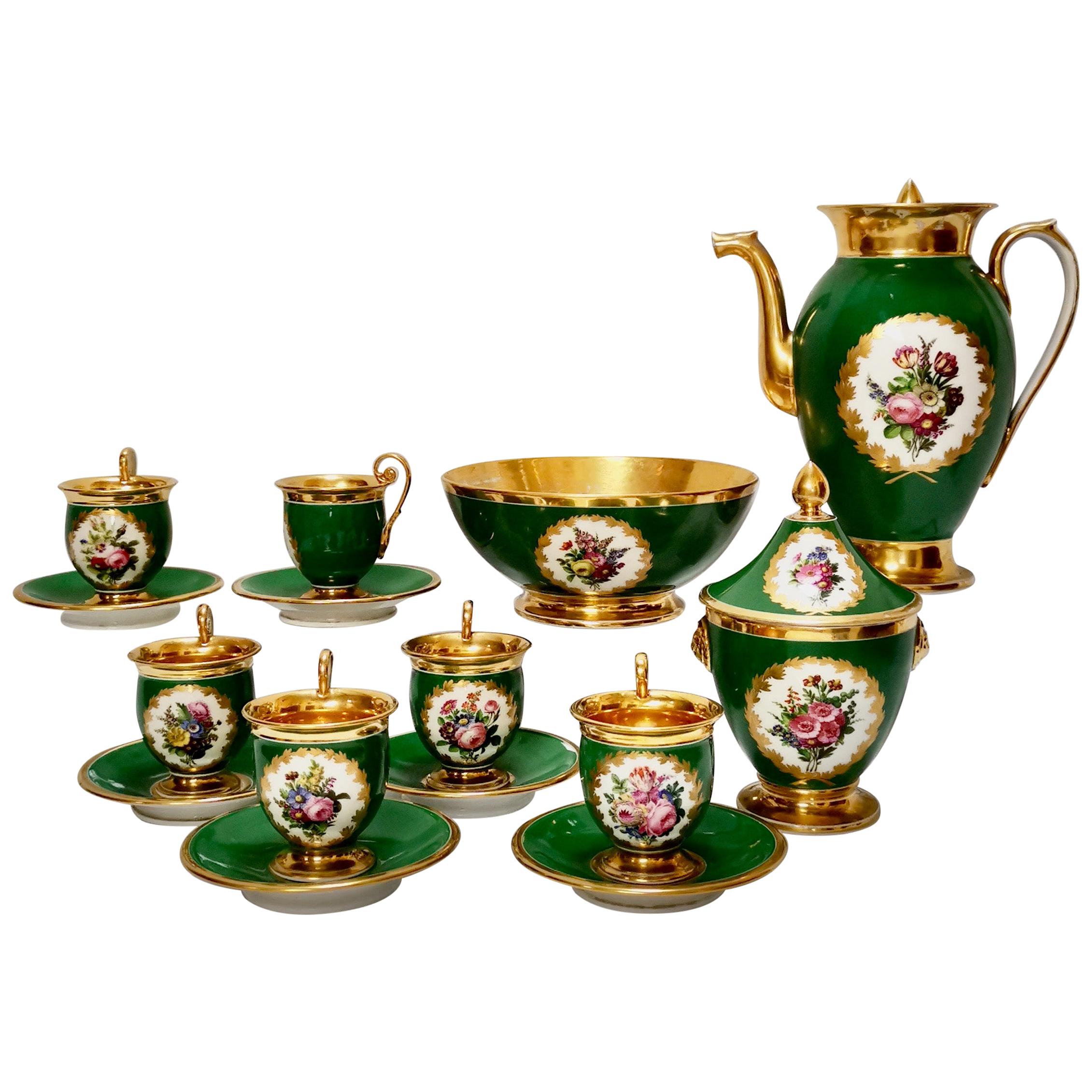 Paris Porcelain Coffee Service, Emerald Green and Floral, Empire Style ca 1820
