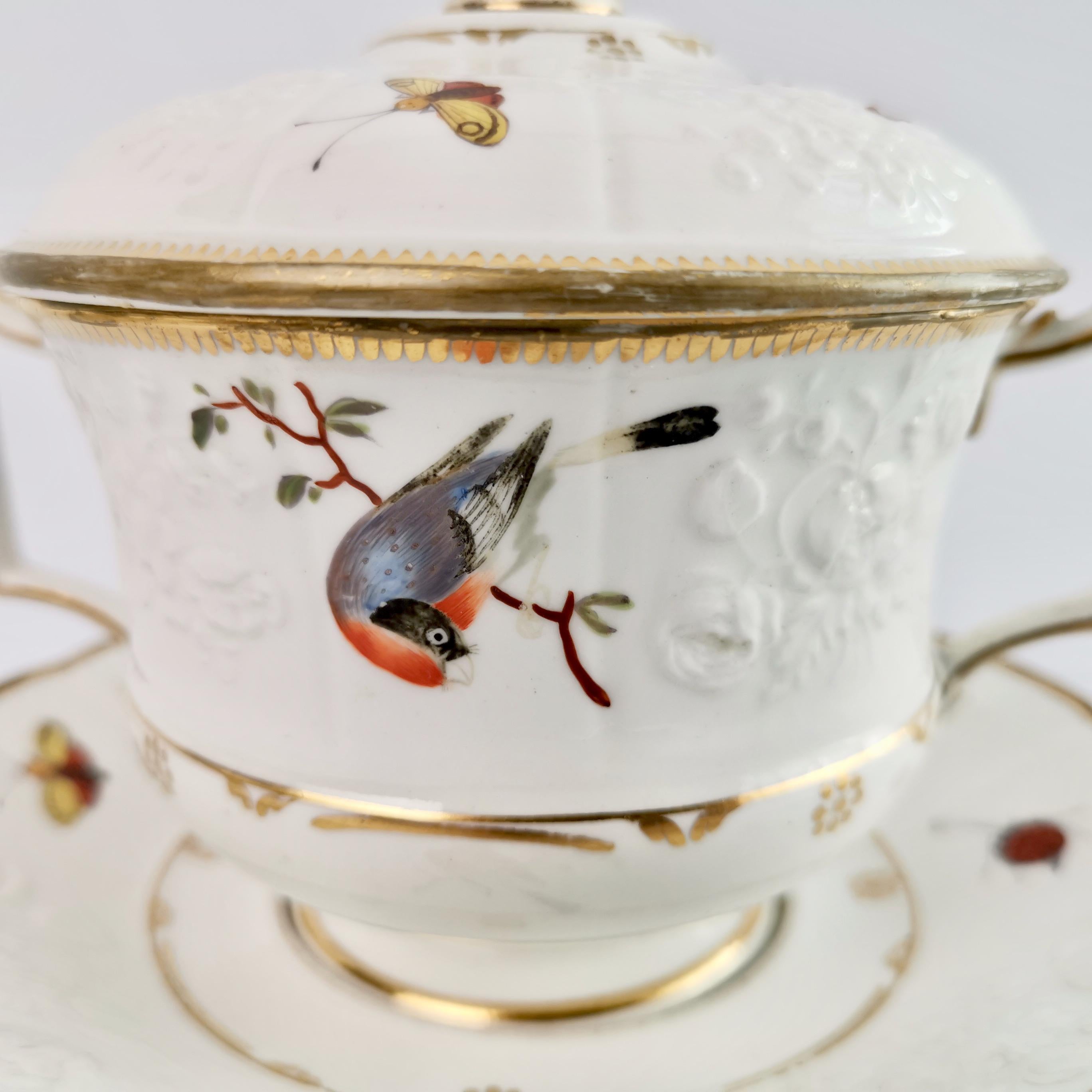 Paris Porcelain Écuelle Broth Bowl, White, Birds, Butterflies, Regency ca 1820 4