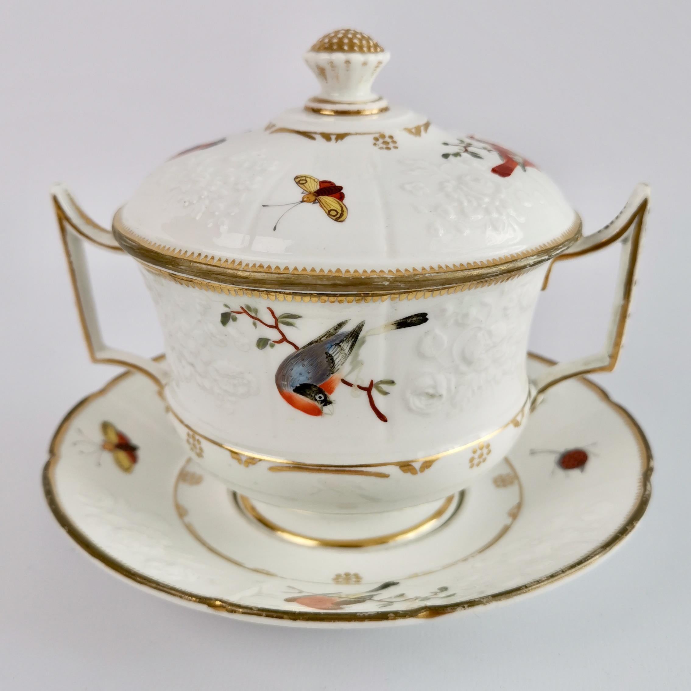 French Paris Porcelain Écuelle Broth Bowl, White, Birds, Butterflies, Regency ca 1820