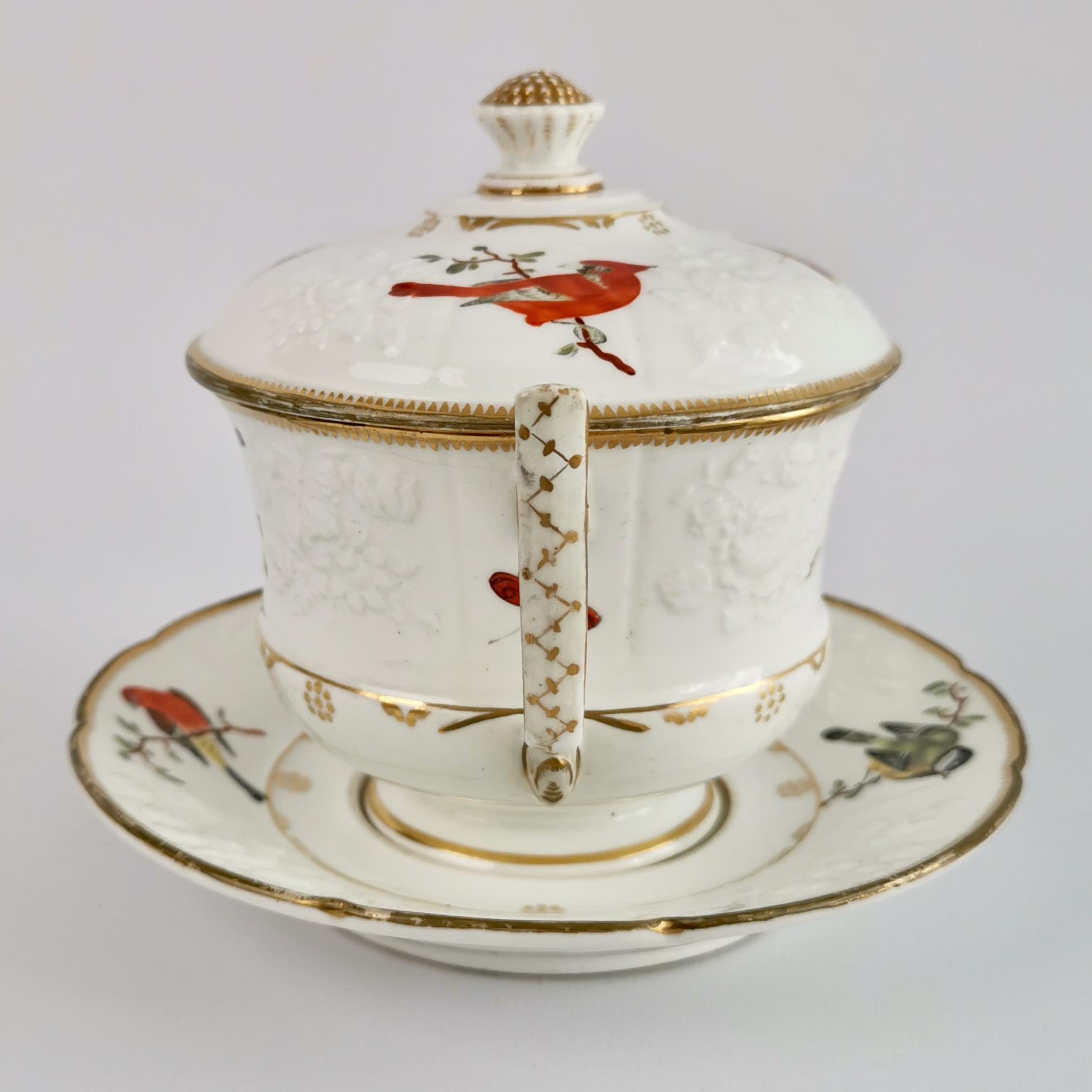 Hand-Painted Paris Porcelain Écuelle Broth Bowl, White, Birds, Butterflies, Regency ca 1820