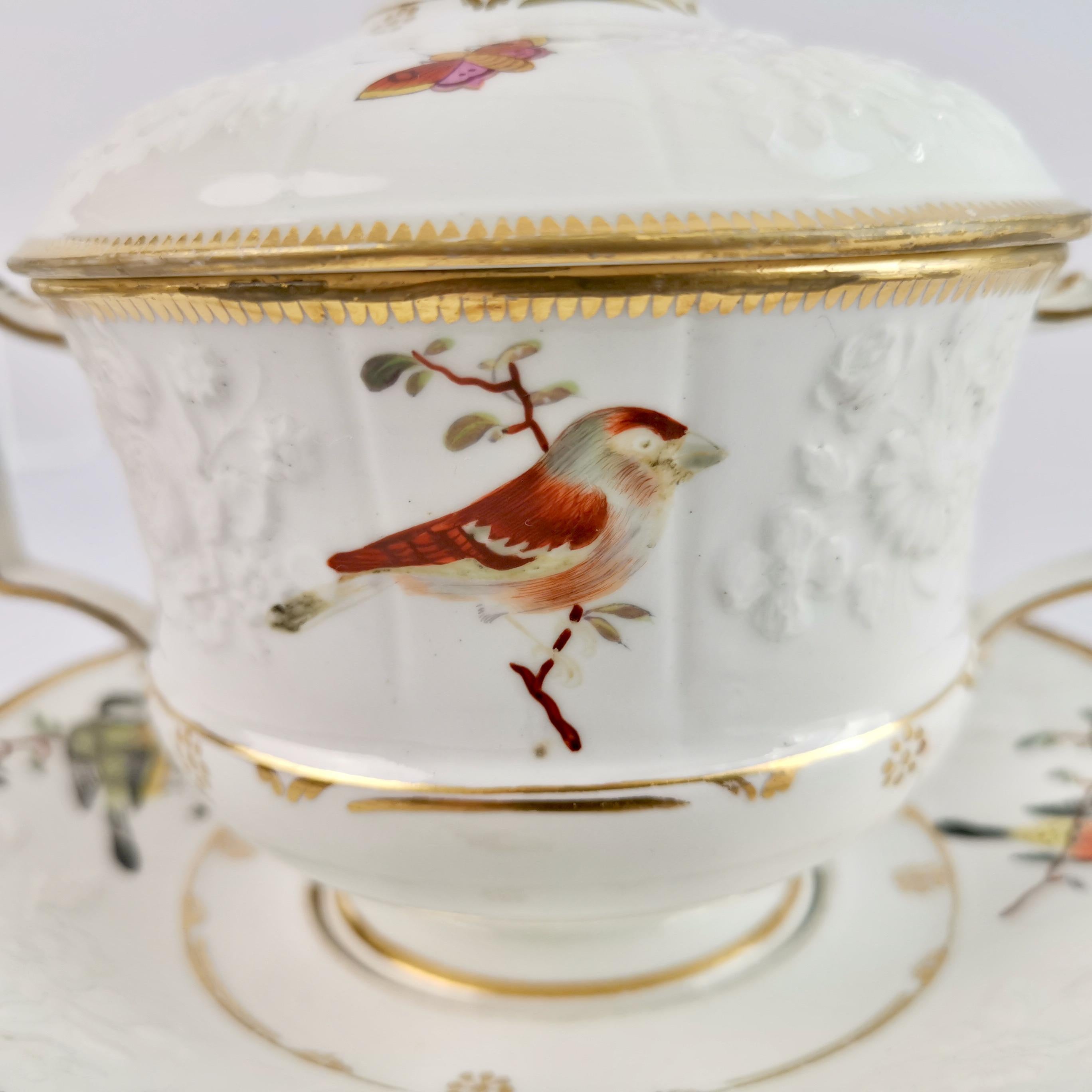 Paris Porcelain Écuelle Broth Bowl, White, Birds, Butterflies, Regency ca 1820 2