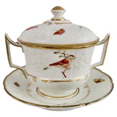 Paris Porcelain Écuelle Broth Bowl, White, Birds, Butterflies, Regency ca 1820