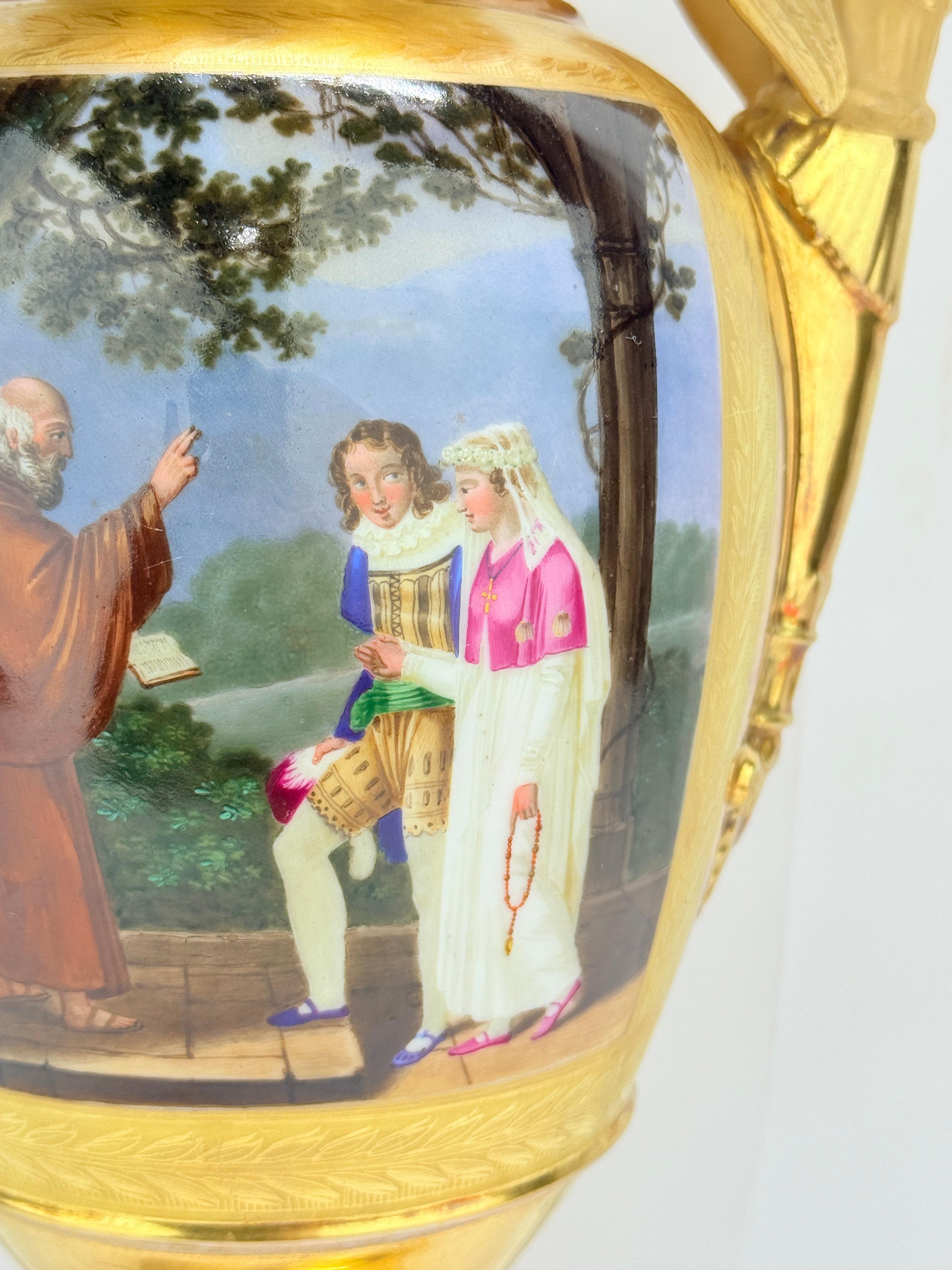 Néoclassique Urne en porcelaine de Paris, dorée et peinte, scène de tableau médiéval, C.I.C. 1815-1830 en vente