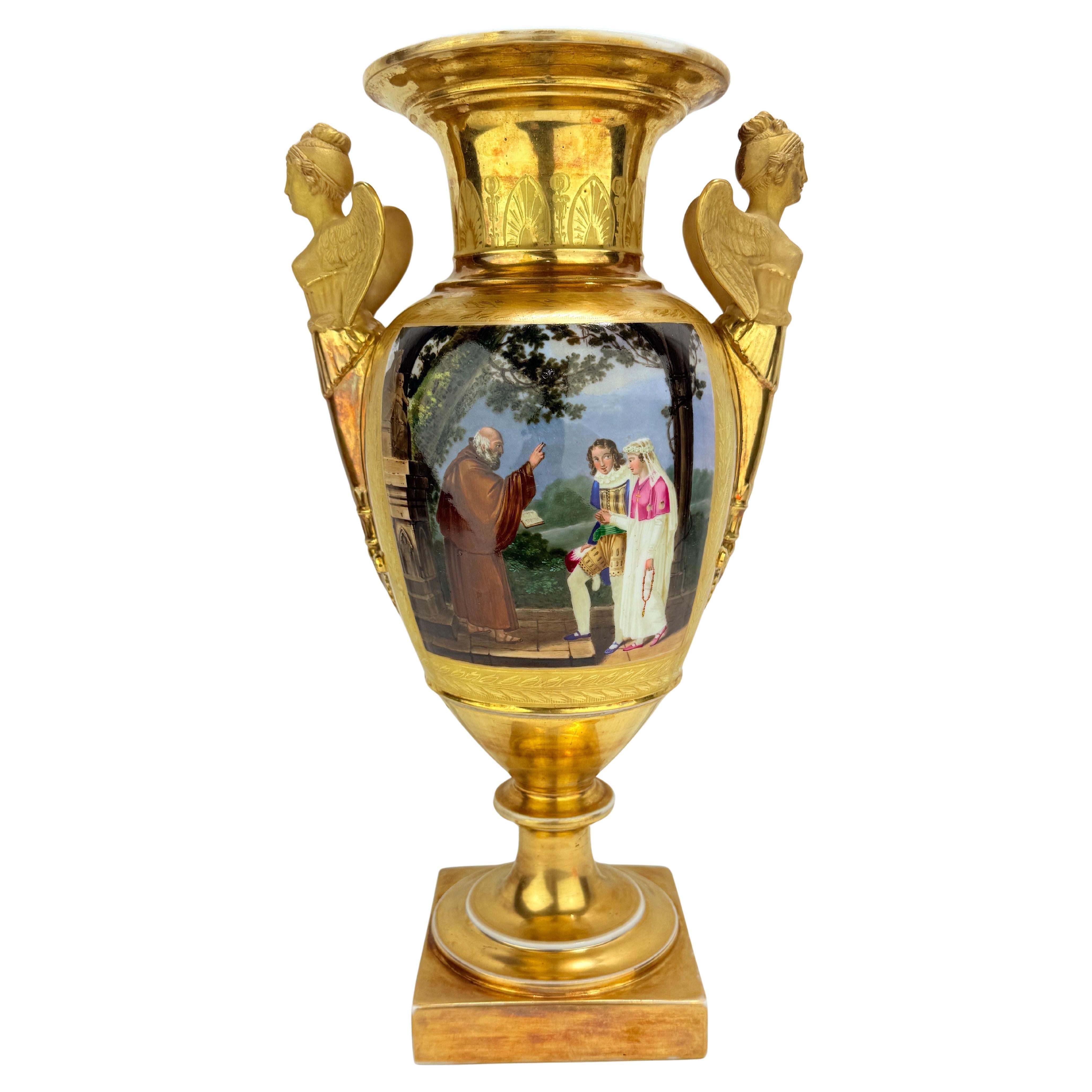 Urne en porcelaine de Paris, dorée et peinte, scène de tableau médiéval, C.I.C. 1815-1830 en vente