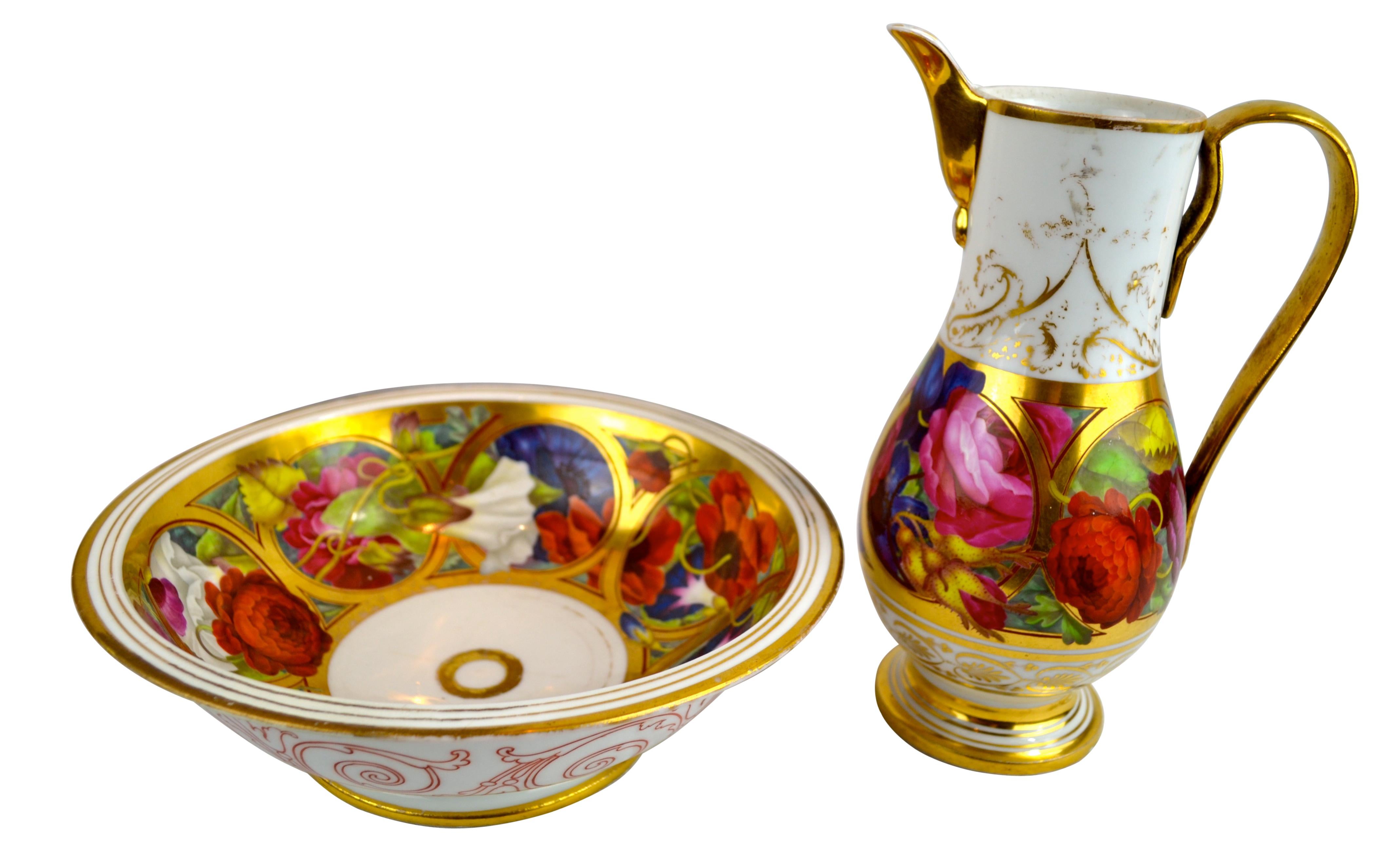 French Paris Porcelain Floral Ewer and Basin For Sale