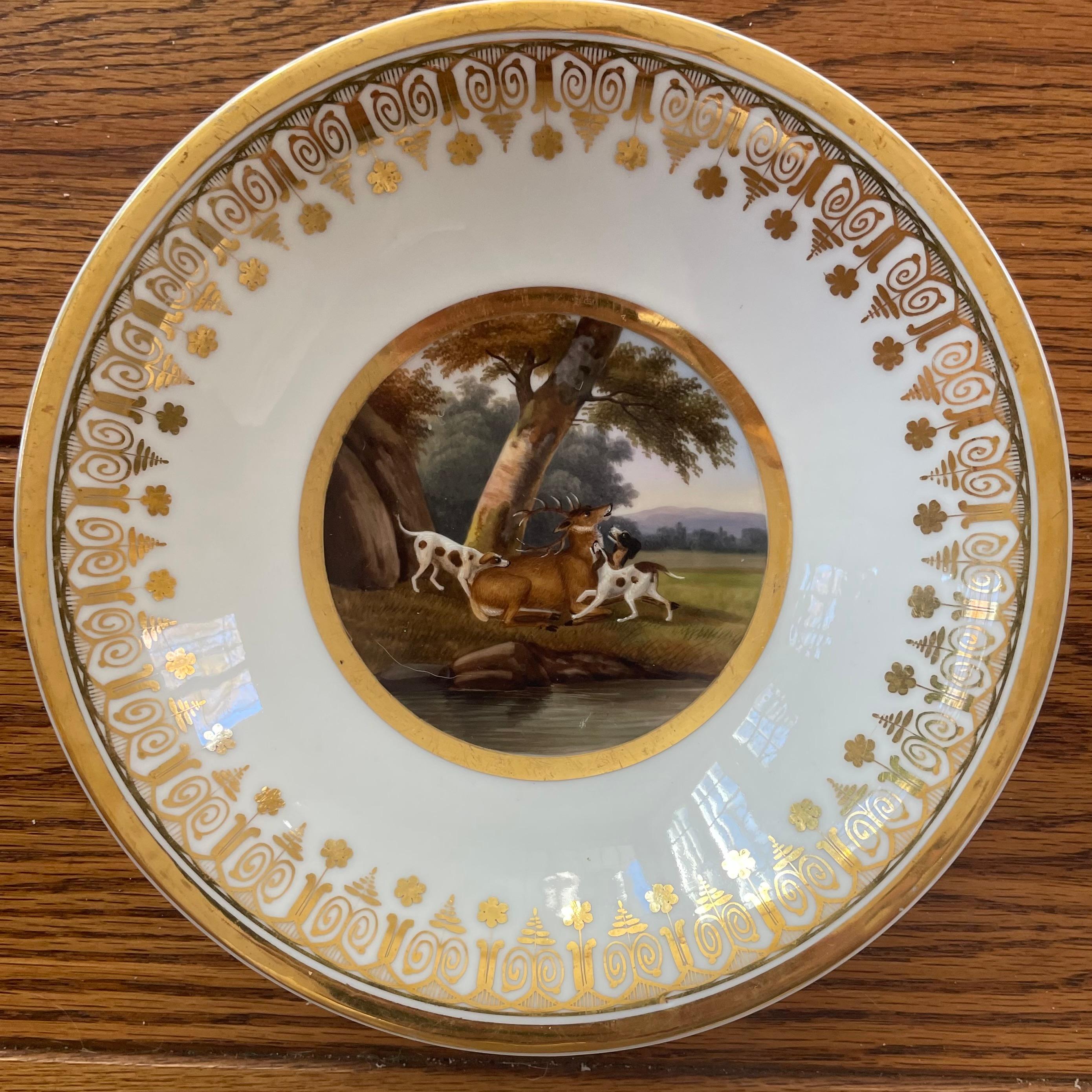 19th Century Paris Porcelain Gilt Banded Hunting Service For Sale