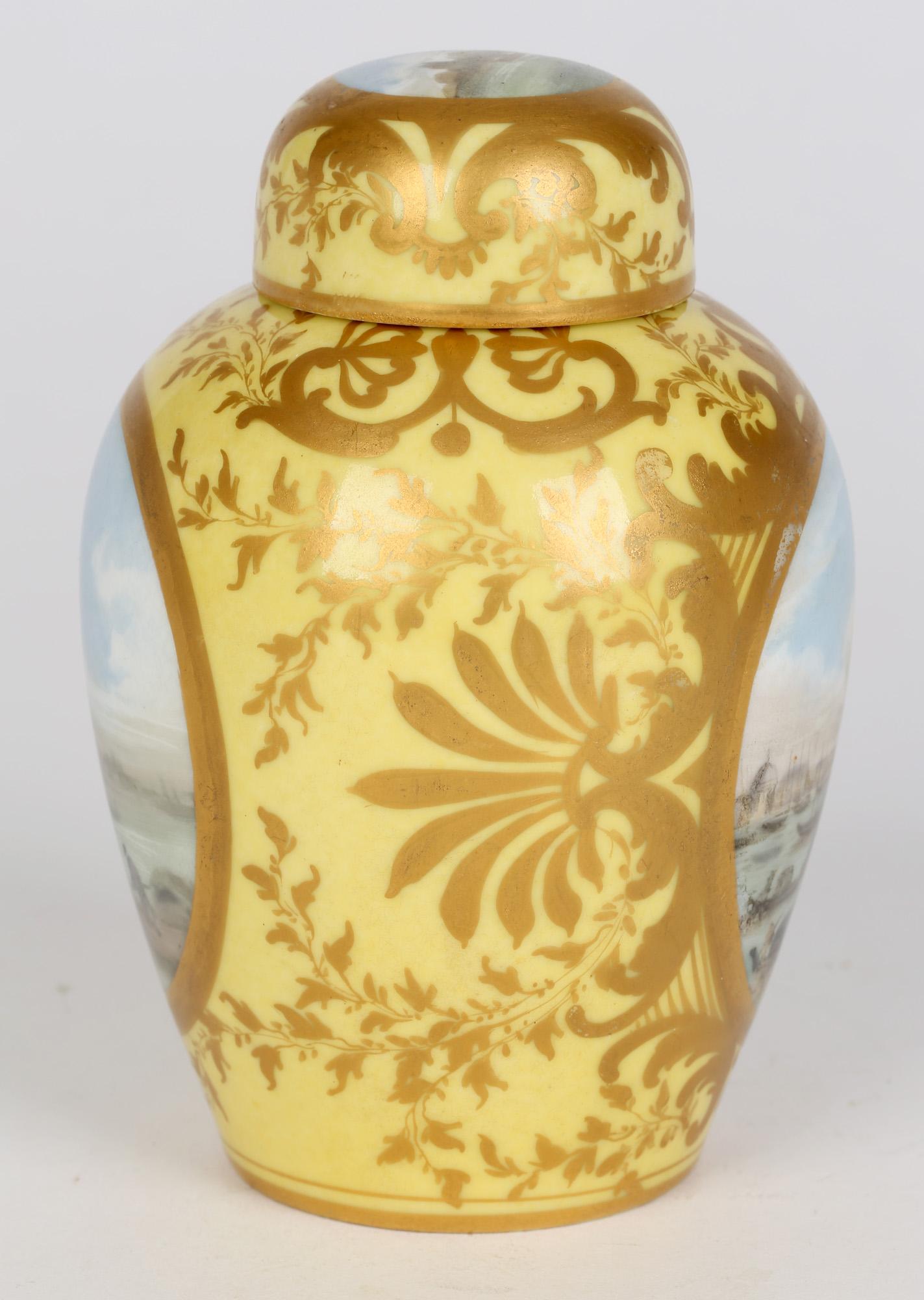 A French Paris porcelain lidded tea caddy applied with scenes of Venice set within a yellow ground dating from the latter 19th century. The rounded tea caddy has a narrow raised neck with a rounded domed cover. The body of the caddy is decorated