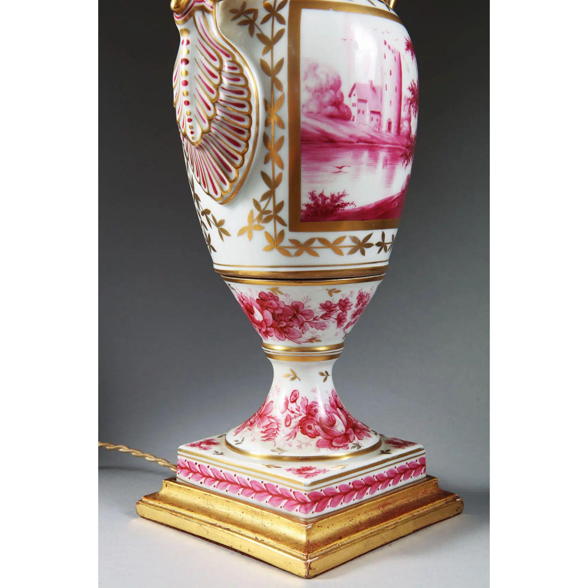 Napoleon III Paris Porcelain Pink and Gold over White Glazed Porcelain Vase Table Lamp For Sale