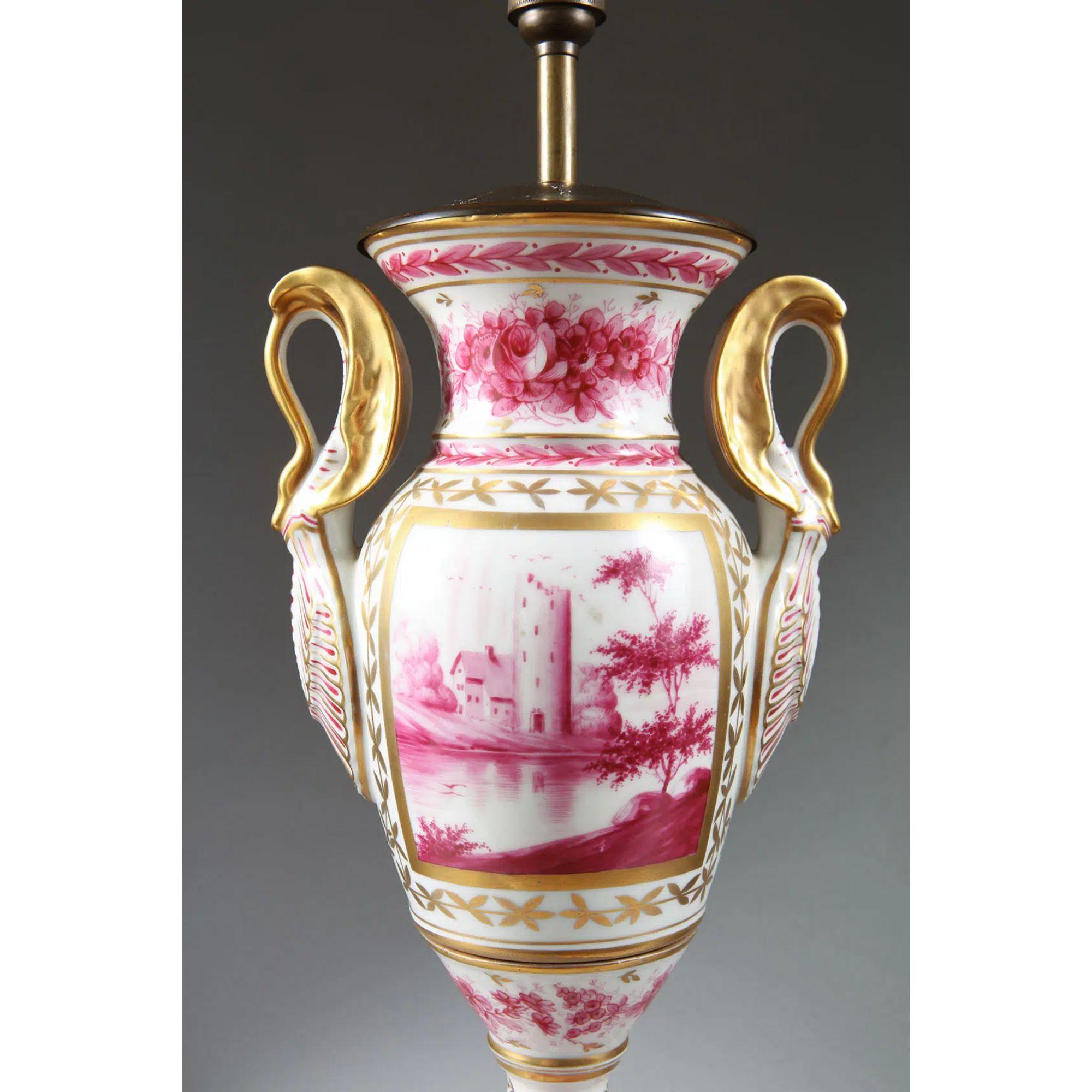 French Paris Porcelain Pink and Gold over White Glazed Porcelain Vase Table Lamp For Sale