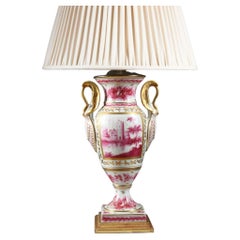 Antique Paris Porcelain Pink and Gold over White Glazed Porcelain Vase Table Lamp