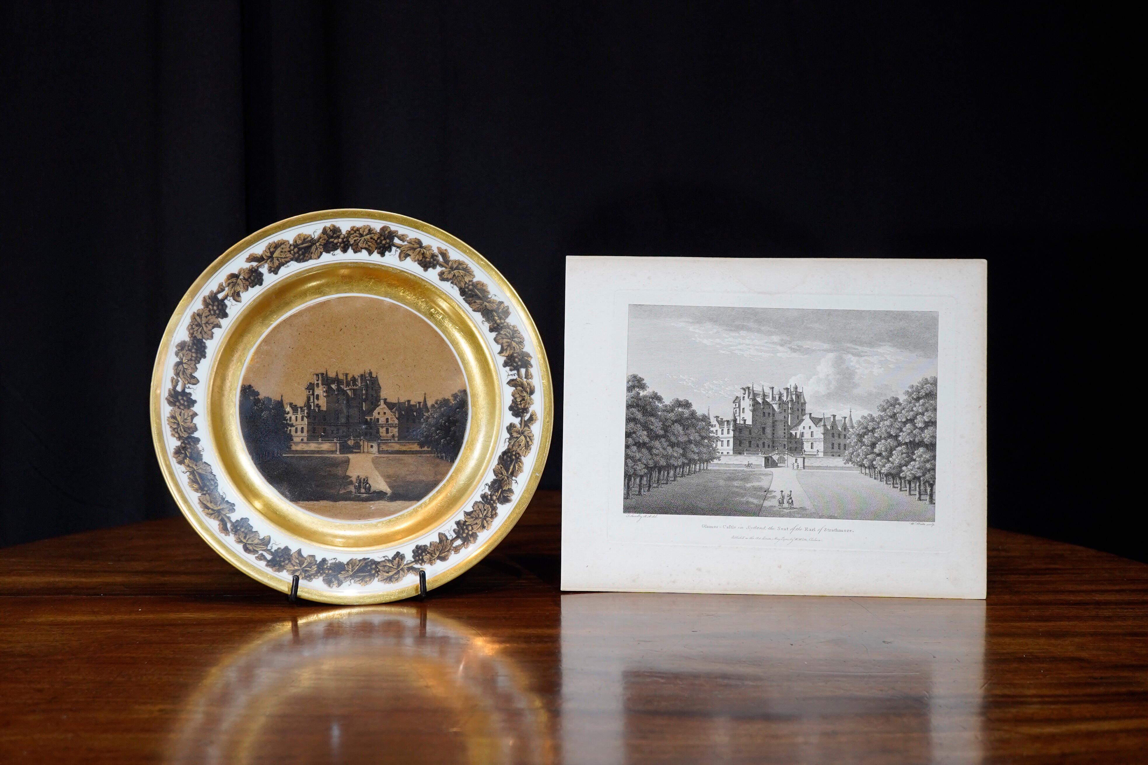 French Paris Porcelain Plate, View of Glames Castle, Scotland, circa 1820 For Sale