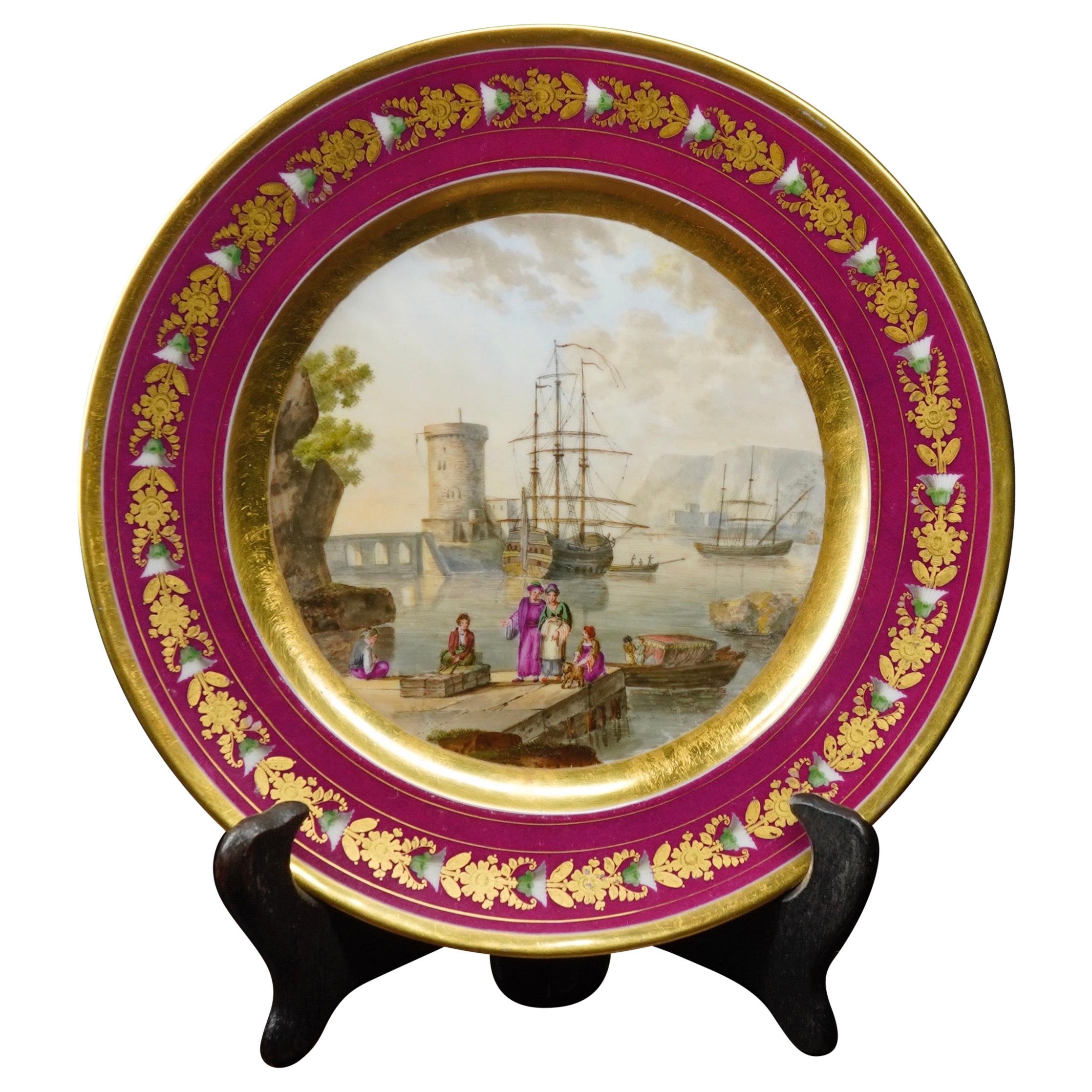 Paris Porcelain Plate with Harbour Scene after Lorrain, Attrib. Nast, circa 1810