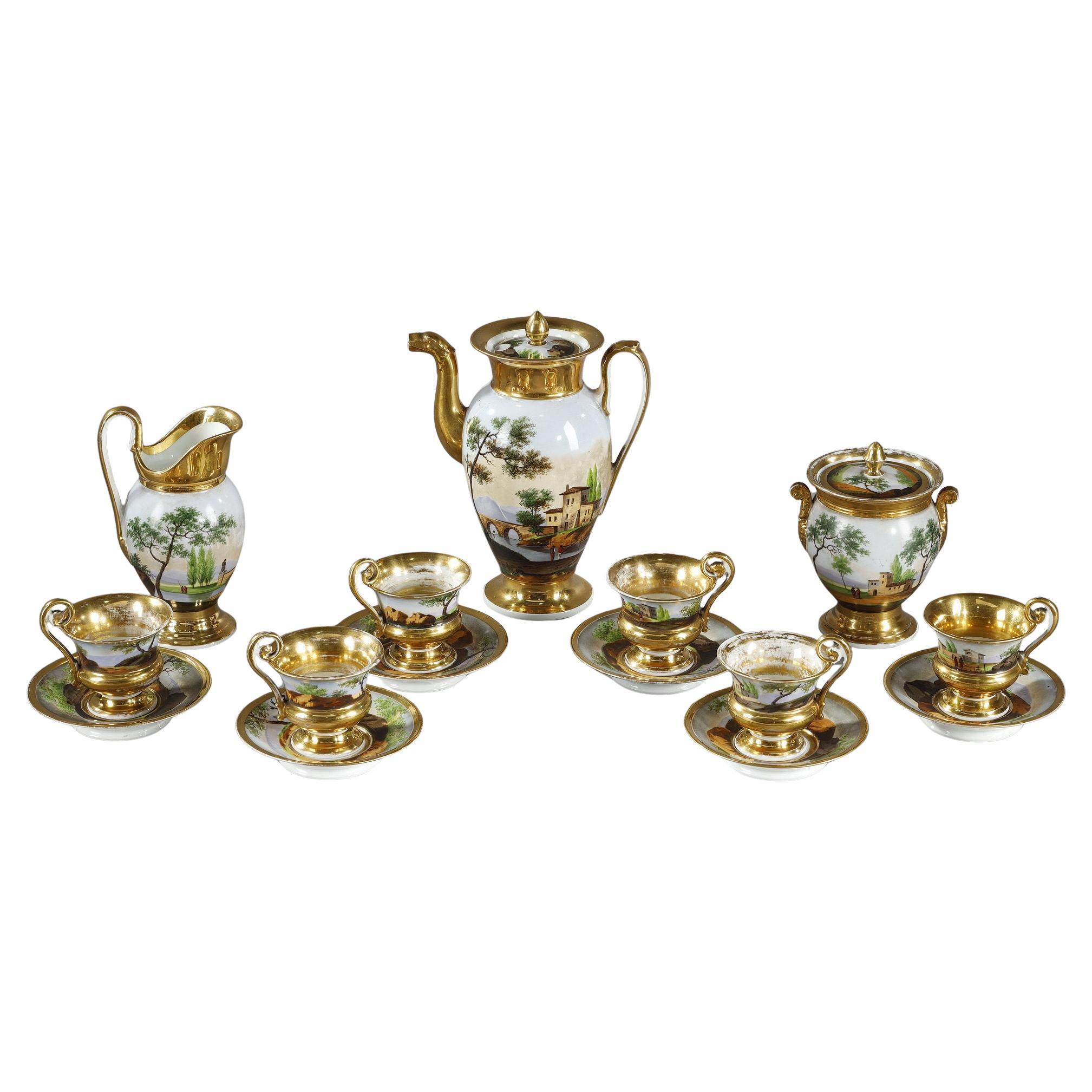 Servicio de porcelana de París con decoración de paisajes