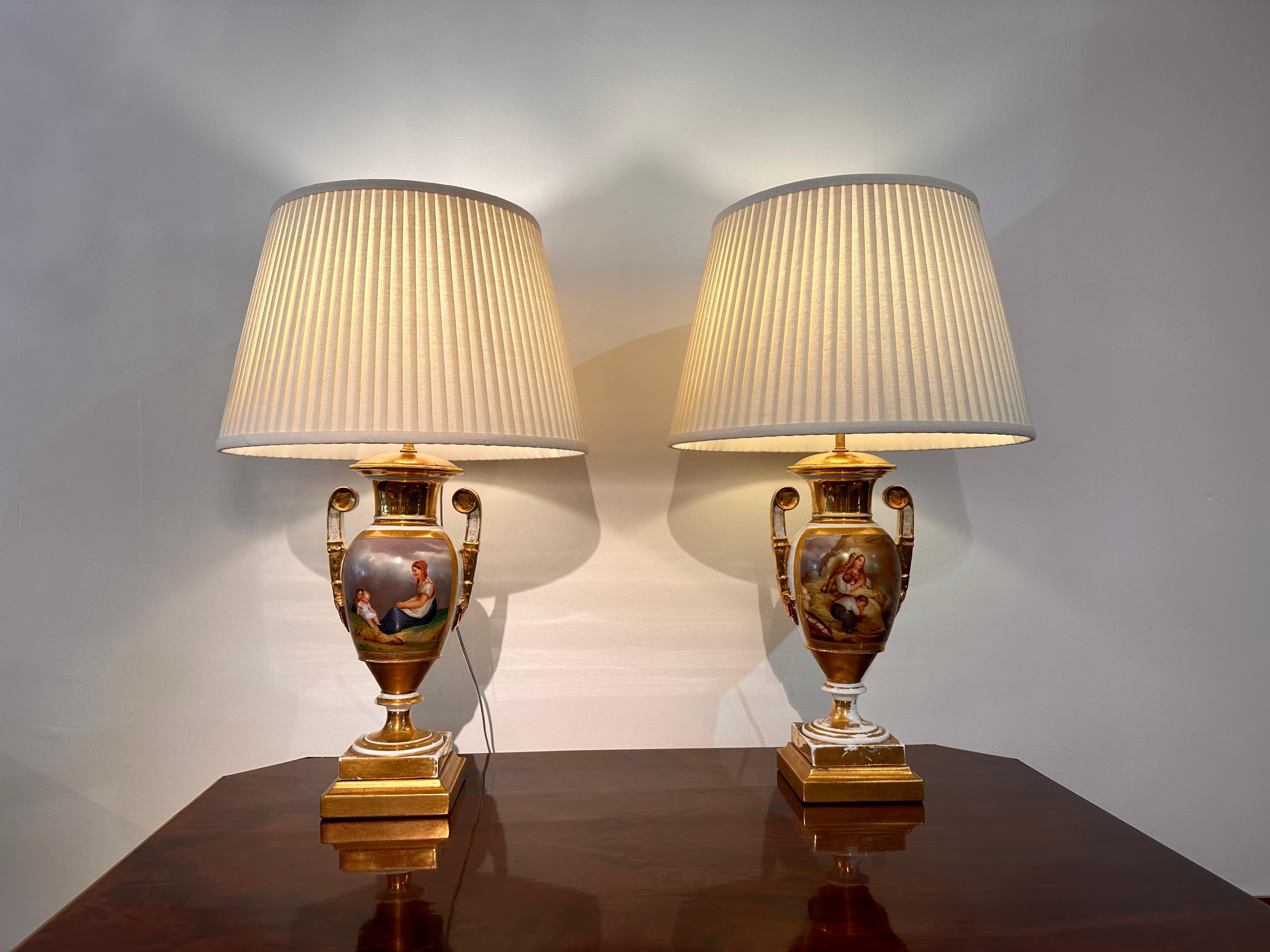 Gilt Paris Porcelain urns, wired as lamps For Sale