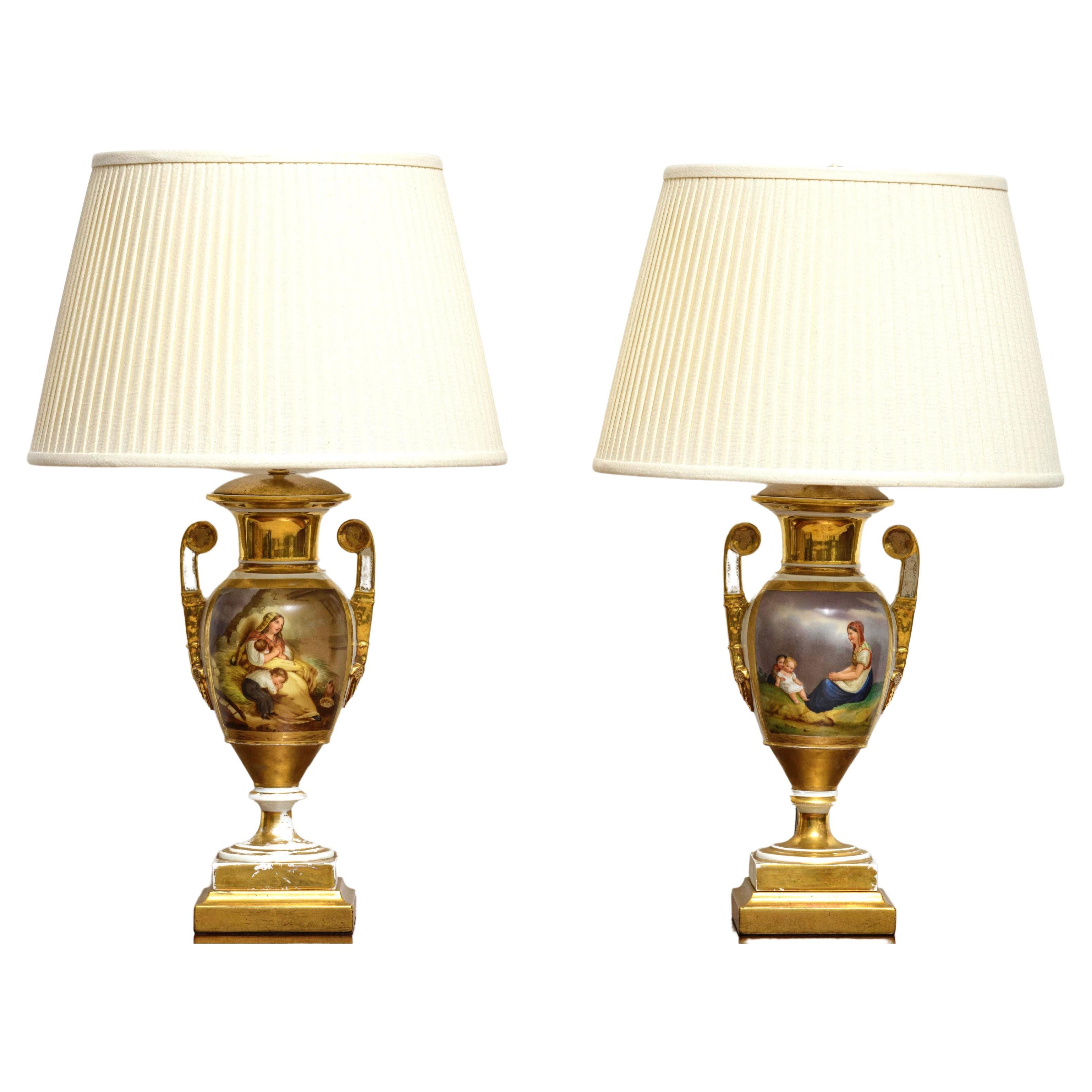 Paris Porcelain urns, wired as lamps For Sale