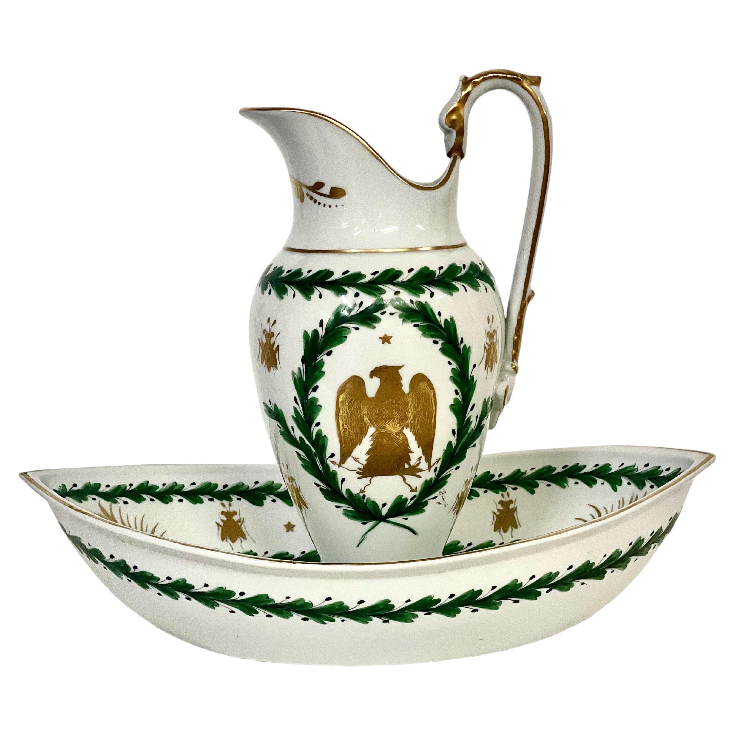 French Empire Period Paris Porcelain Basin and Pitcher with Napoleonic Emblems For Sale