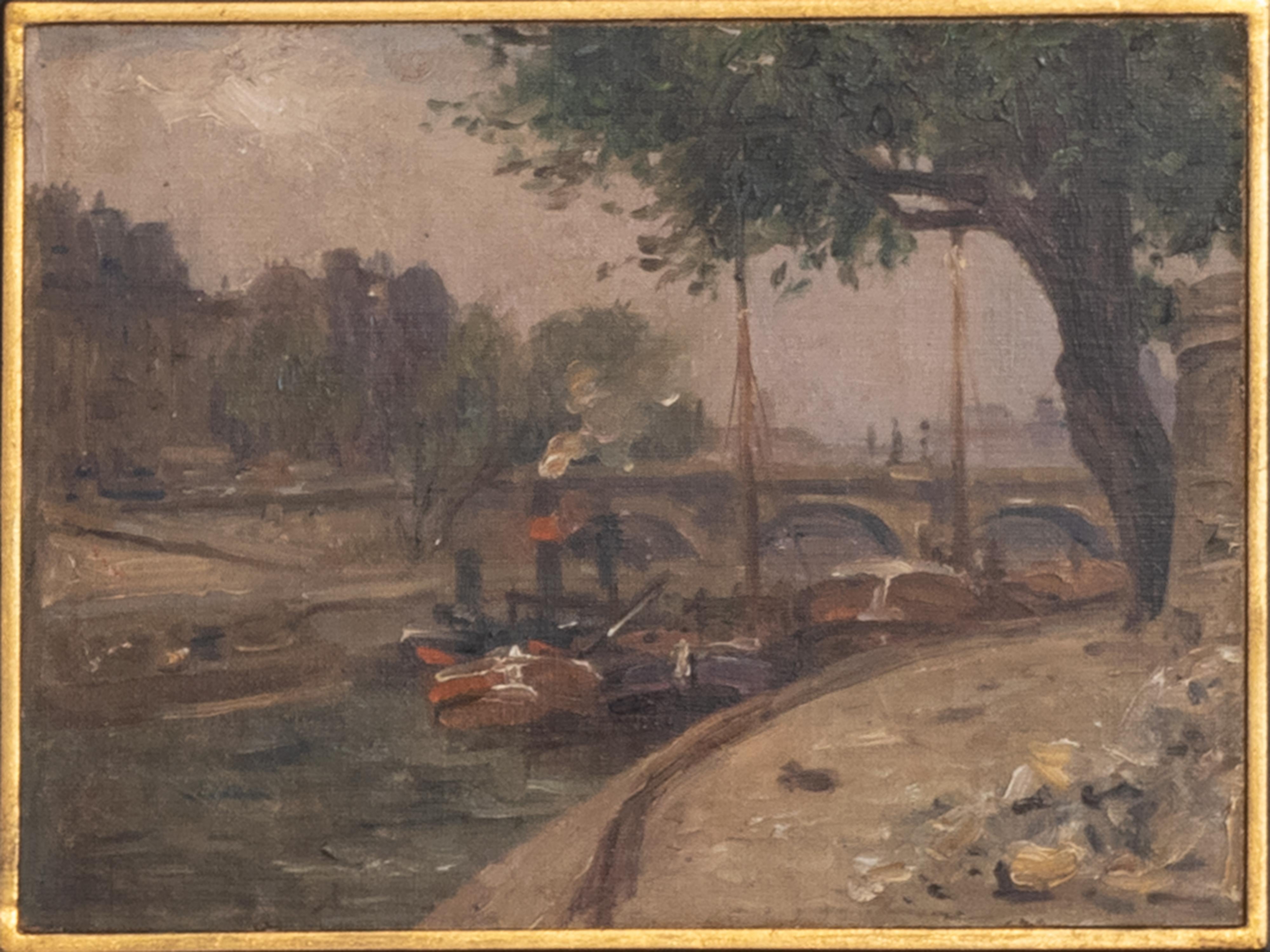 Ein postimpressionistisches Gemälde aus dem 20. Jahrhundert, das ein Frachtdampfschiff auf der Seine neben einem Pariser Flussufer zeigt. Ein französisches Gemälde aus dem goldenen Zeitalter von Paris, der Hauptstadt der Kunst und Kultur.  Öl auf