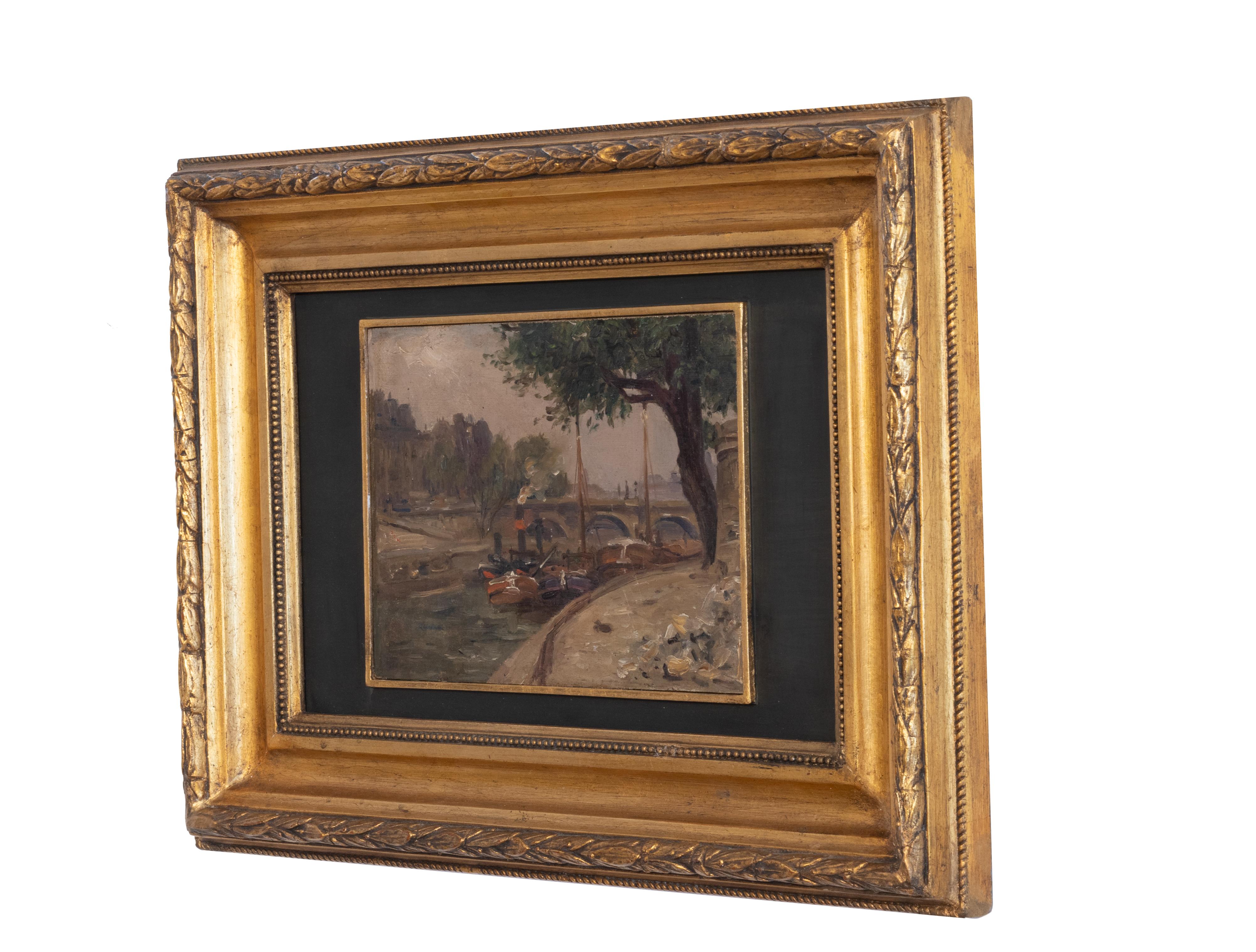 French Paris Post Impressionism Cargo Boat Painting  20th Century For Sale