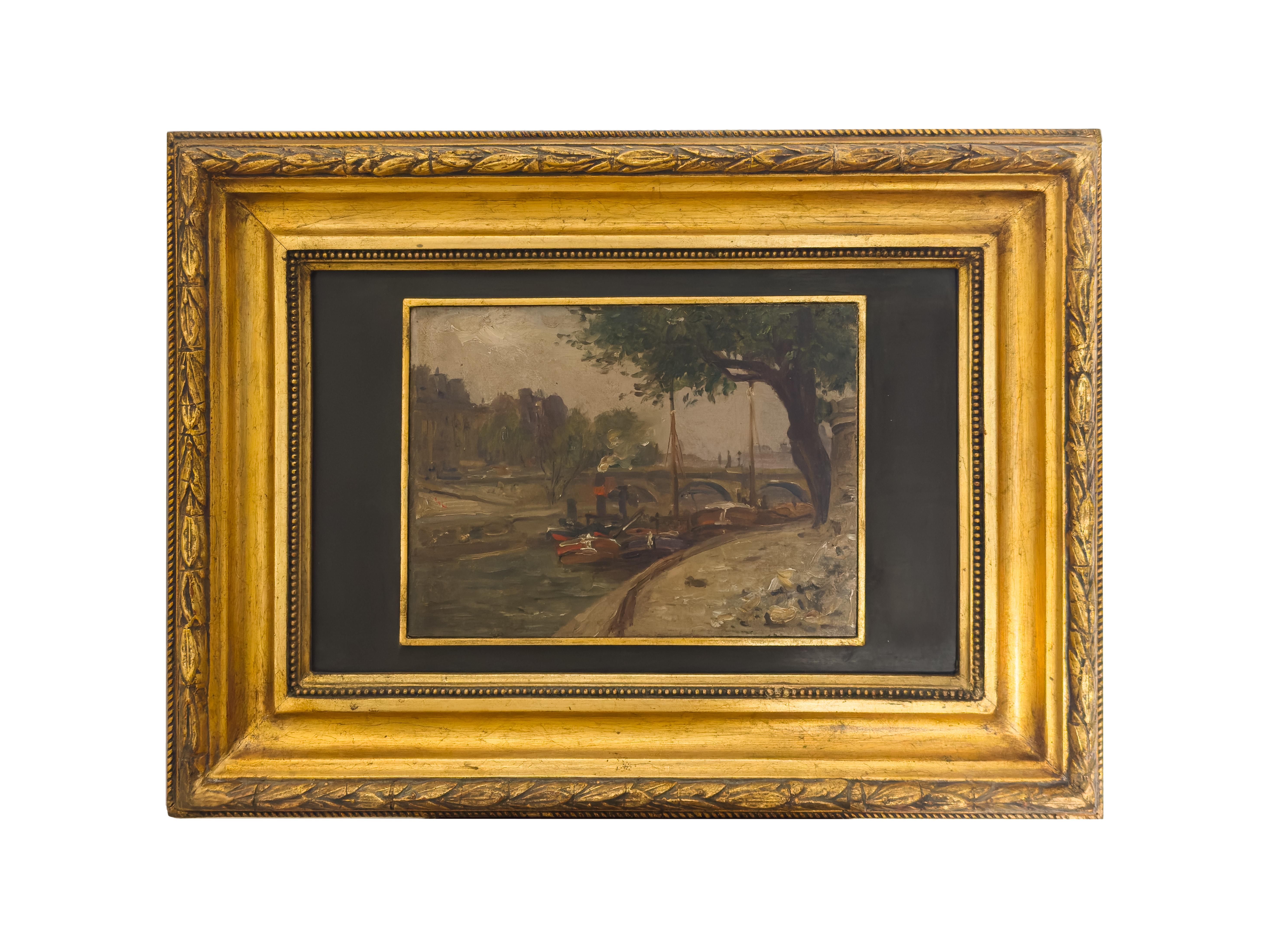 Pariser Szene, französisches postimpressionistisches Frachtschiff-Gemälde, 20. (20. Jahrhundert) im Angebot