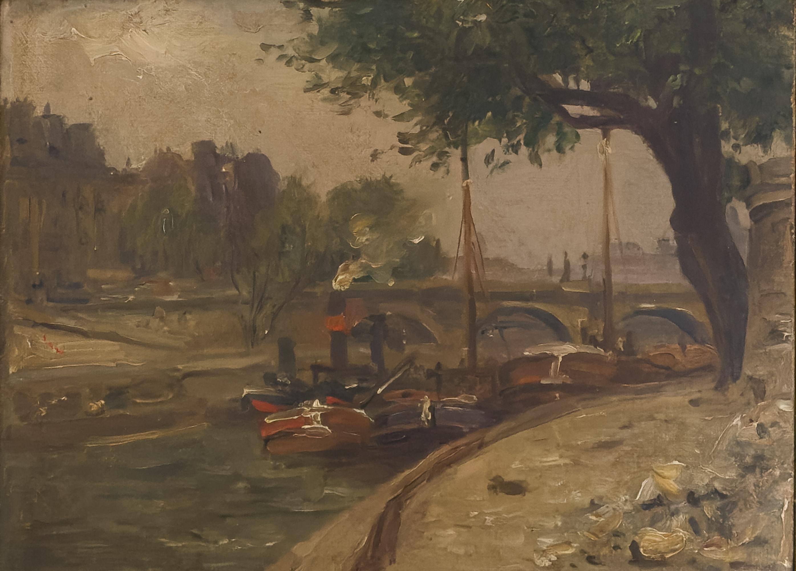 Pariser Szene, französisches postimpressionistisches Frachtschiff-Gemälde, 20. (Holz) im Angebot