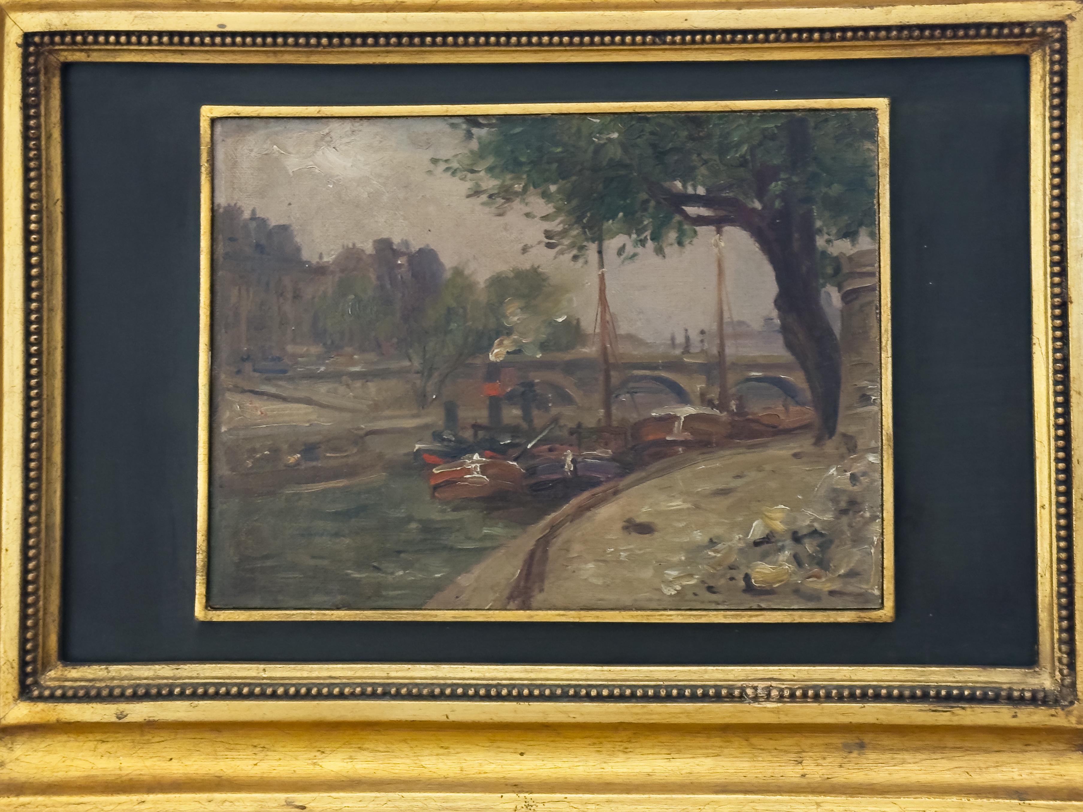 Pariser Szene, französisches postimpressionistisches Frachtschiff-Gemälde, 20. im Angebot 2