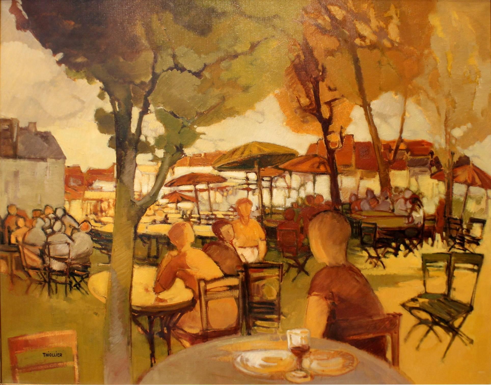 This charming Paris cafe scene was painted by famous Paris School artist Eliane Thiollier (1926-1989) in 1966. Known for her vibrant landscapes composed of warm earth tones and her structured style, Thoillier was an active part of the Parisian art