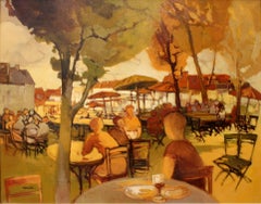 Paris Street Cafe in Autumn by Paris School Artist Eliane Thiollier
