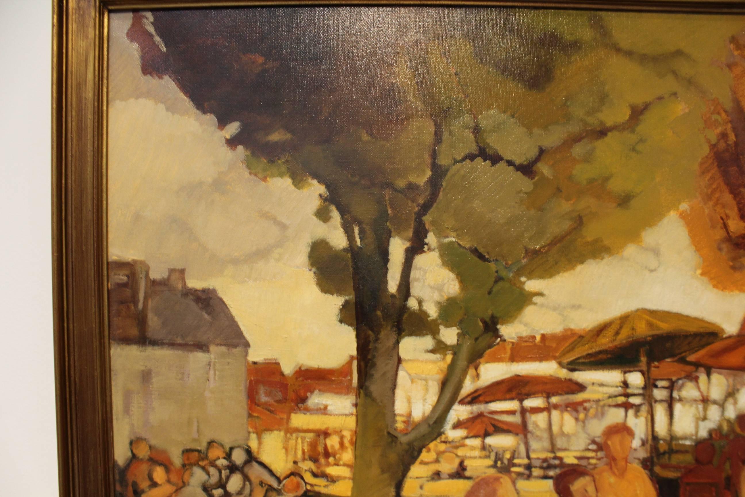 French Paris Street Cafe in Autumn by Paris School Artist Eliane Thiollier For Sale