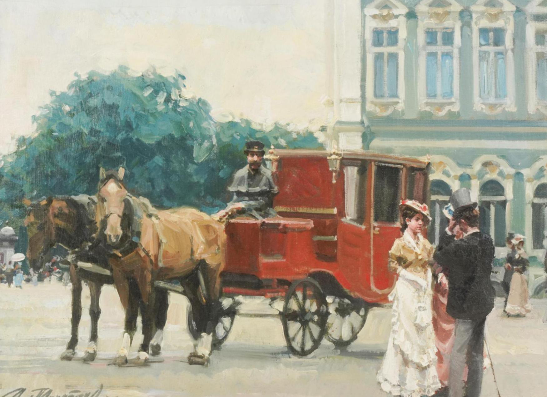Paris Street Scene Oil Painting of Horse and Carriage. Artist signed I distinctly lower left.