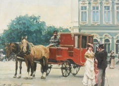 Paris Street Scene Oil Painting of Horse and Carriage