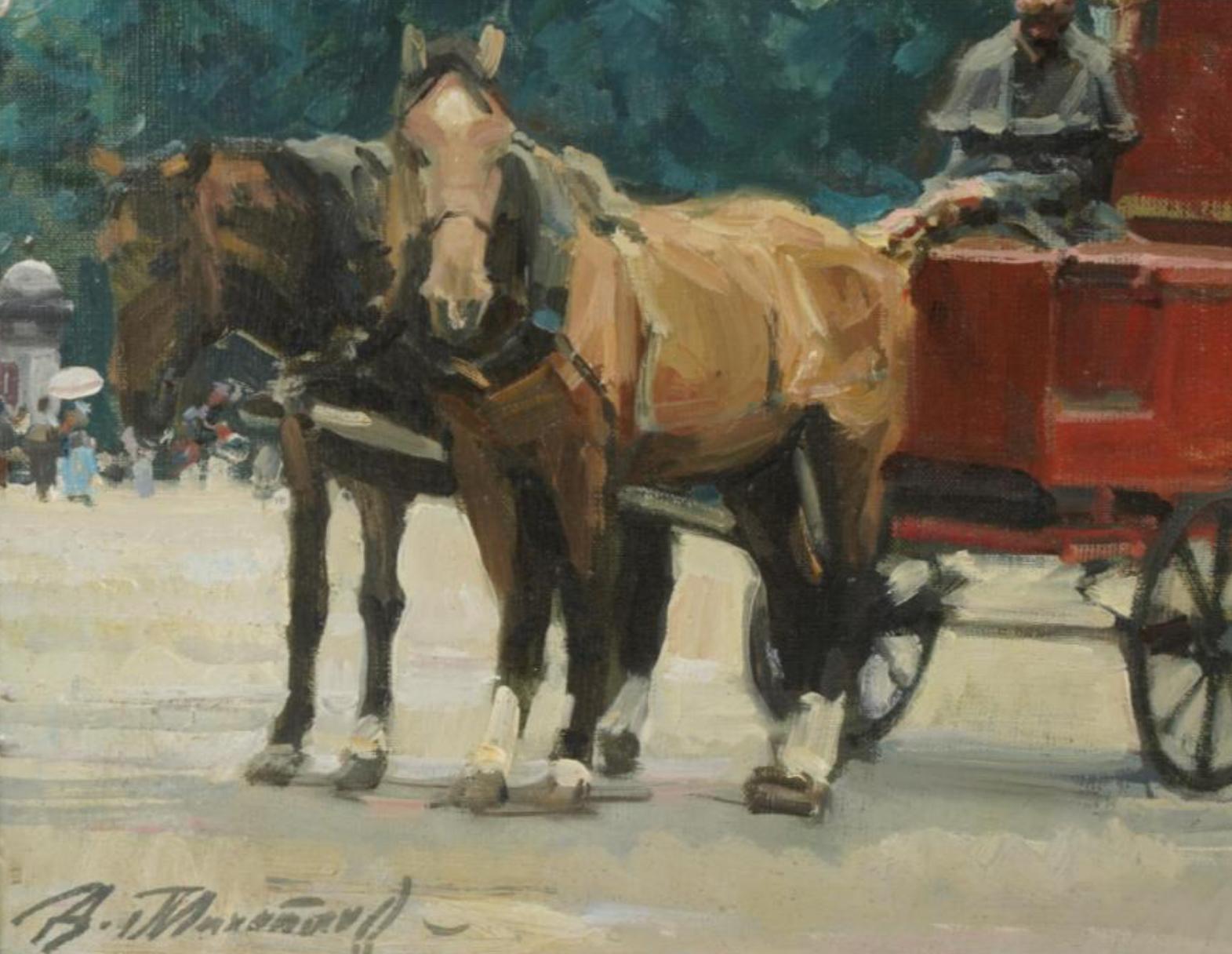 French Paris Street Scene Oil Painting of Horse and Carriage For Sale