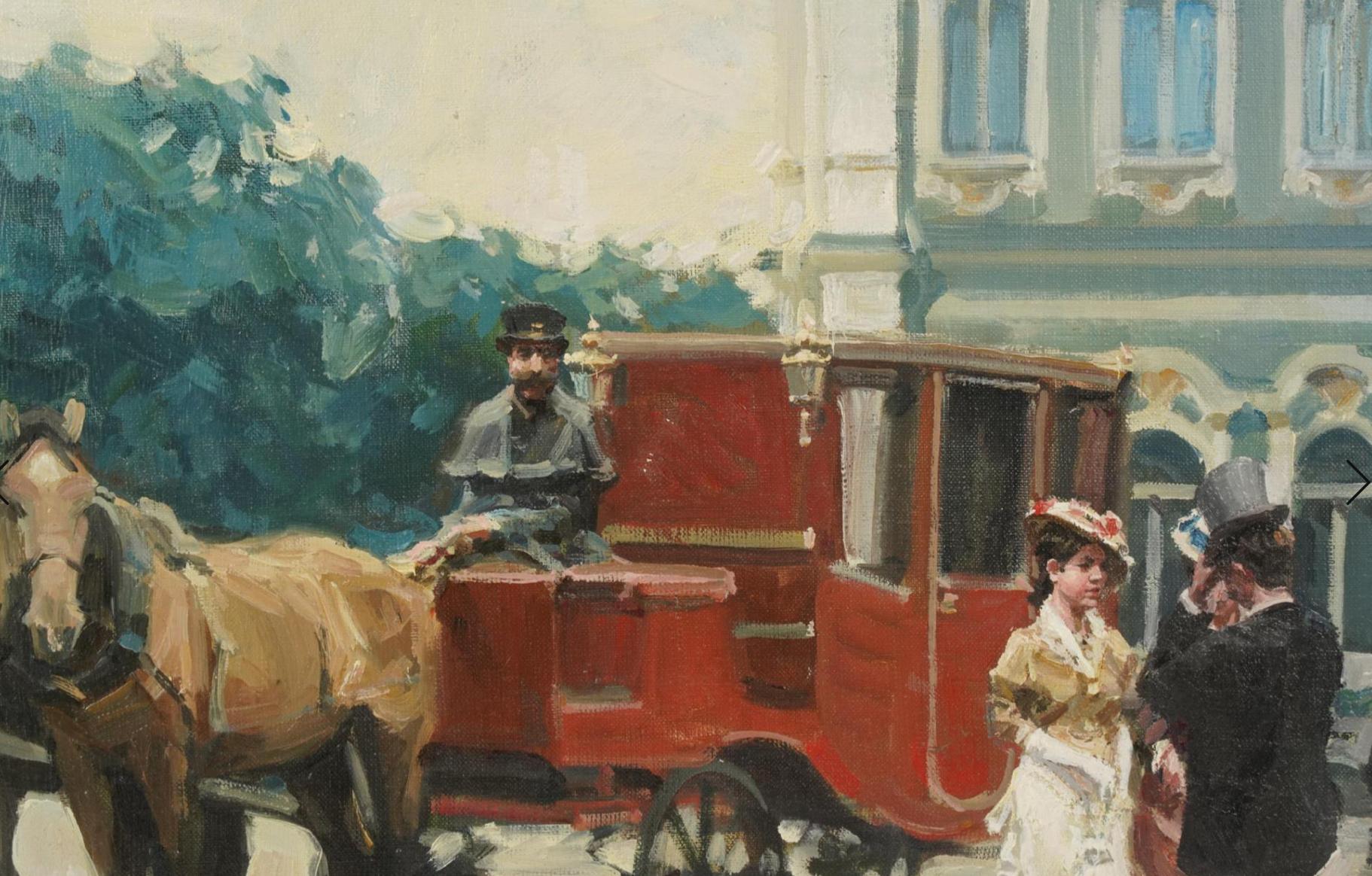 Paris Street Scene Oil Painting of Horse and Carriage In Good Condition For Sale In LOS ANGELES, CA