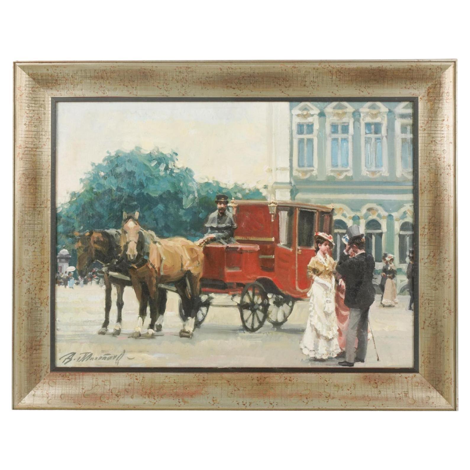 Peinture à l'huile d'une scène de rue à Paris avec cheval et calèche