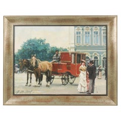 Retro Paris Street Scene Oil Painting of Horse and Carriage