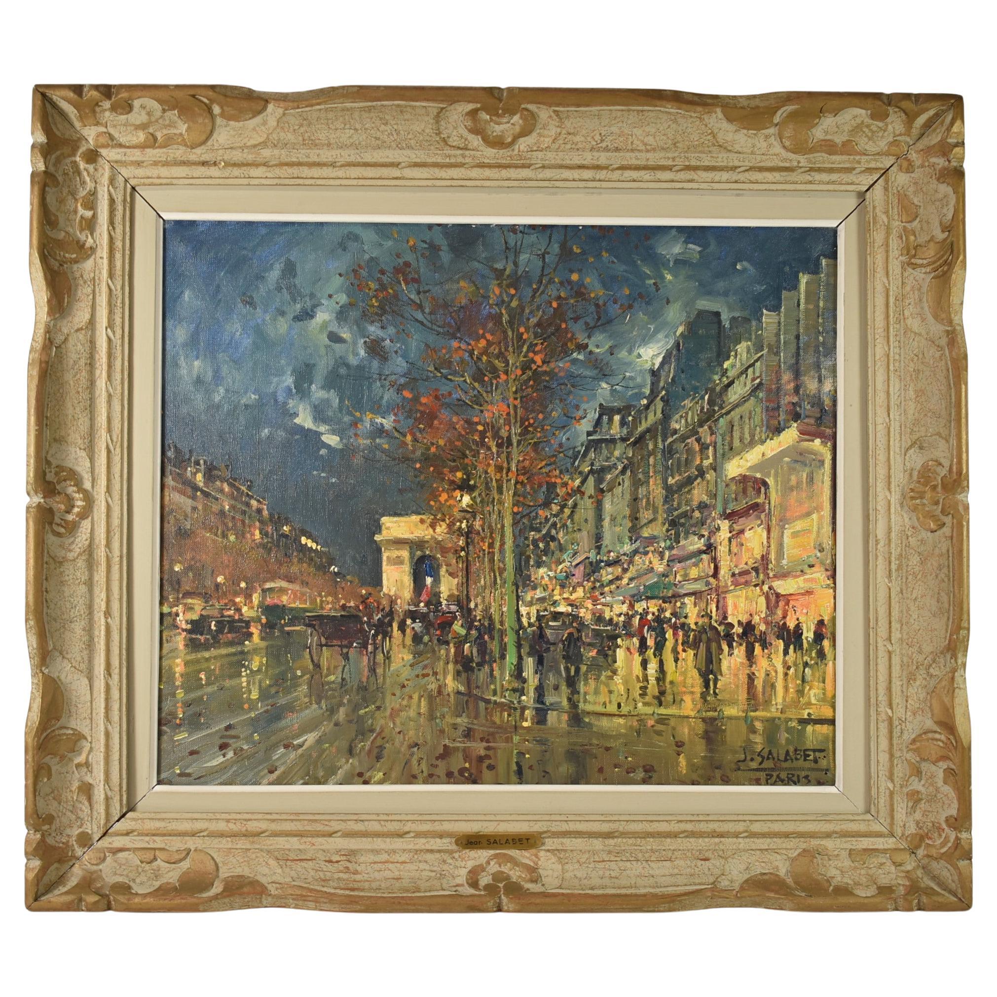Pintura al óleo sobre lienzo Escena callejera de París, Arco del Triunfo, por Jean Salabet en venta