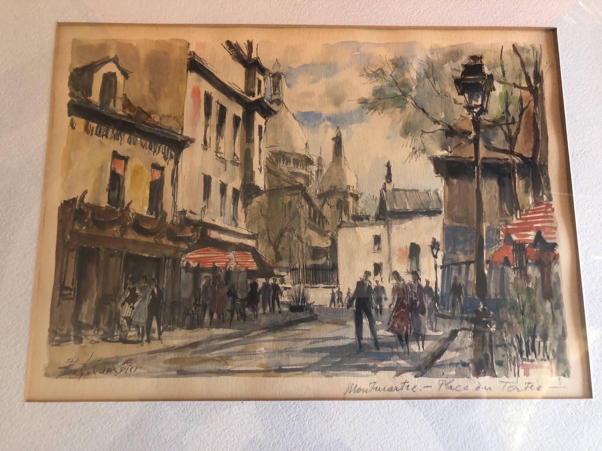 A wonderful and vibrant Parisian street scene original watercolor by listed artist Pierre Eugene Cambier (1914-2000), circa 1950's. The piece maintains its original vintage 18